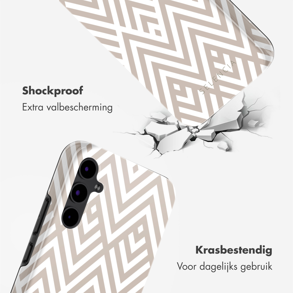Due custodie per telefono con design geometrico beige. Una sta cadendo, incrinando una superficie sottostante. Testo: antiurto, protezione extra.