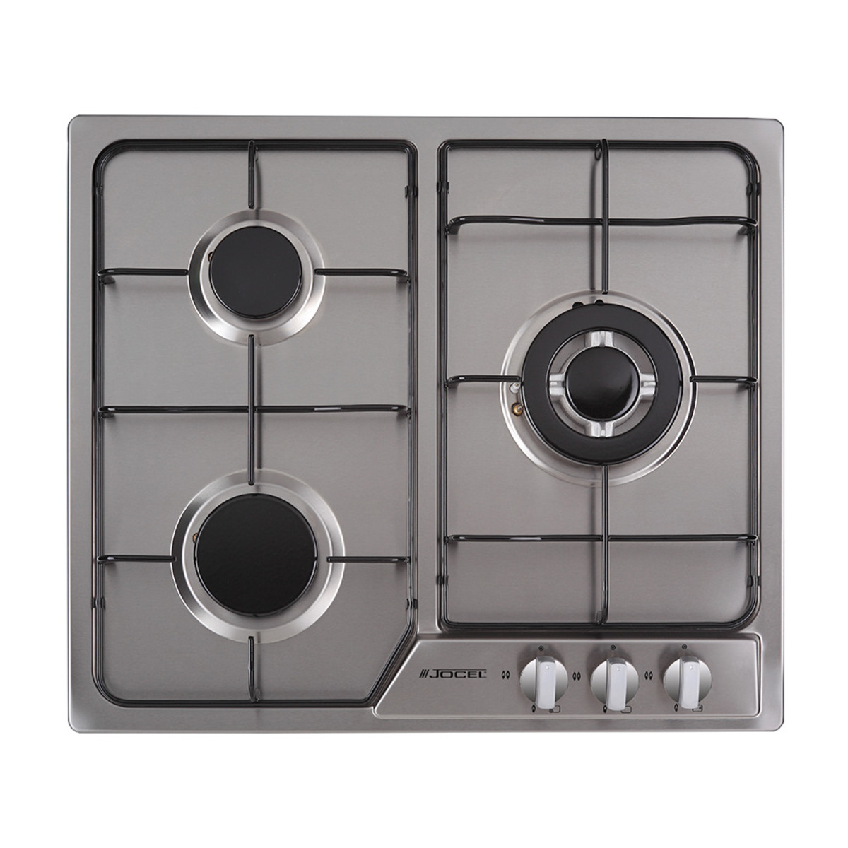 Una cocina de gas de acero inoxidable con cuatro quemadores y mandos de control debajo.