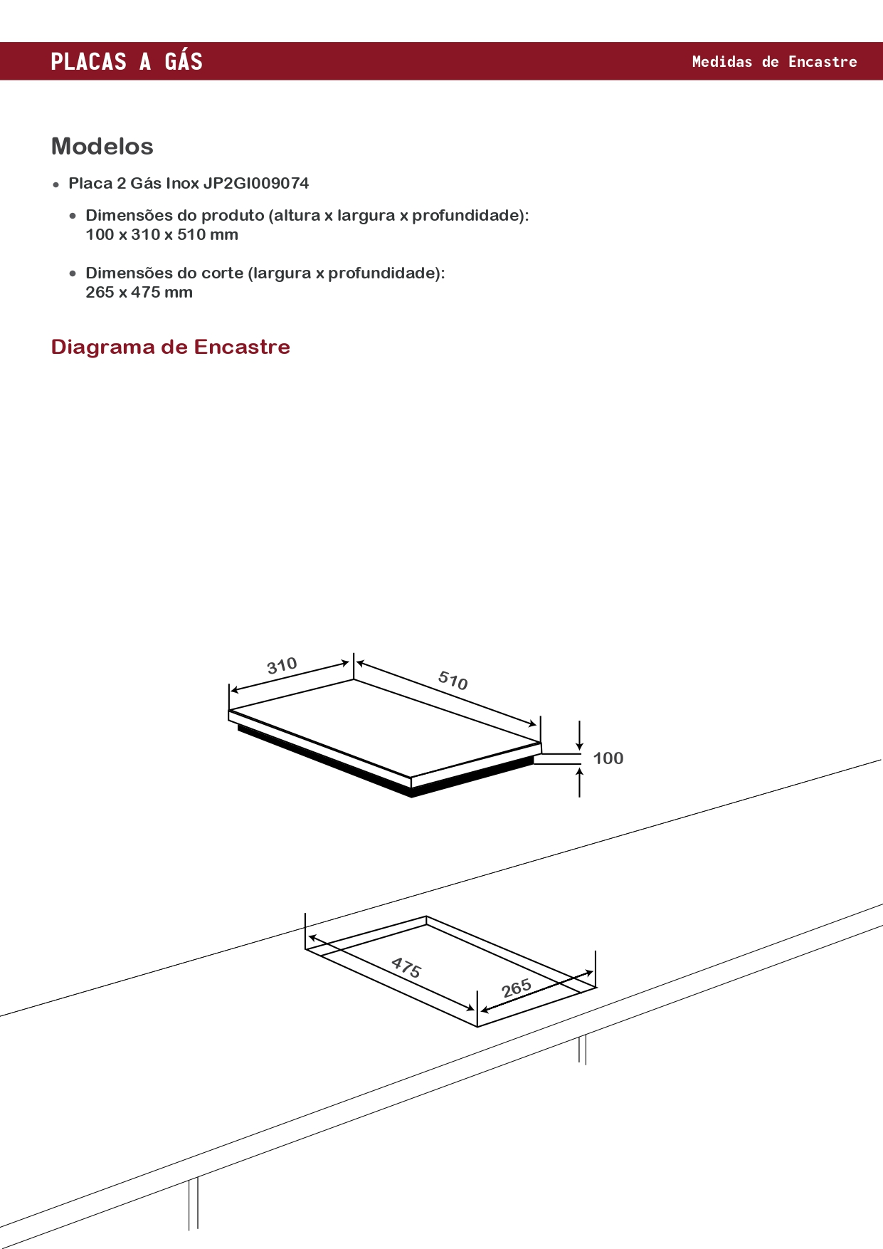 Diagrama de una encimera de gas con dimensiones. Blanco y negro.