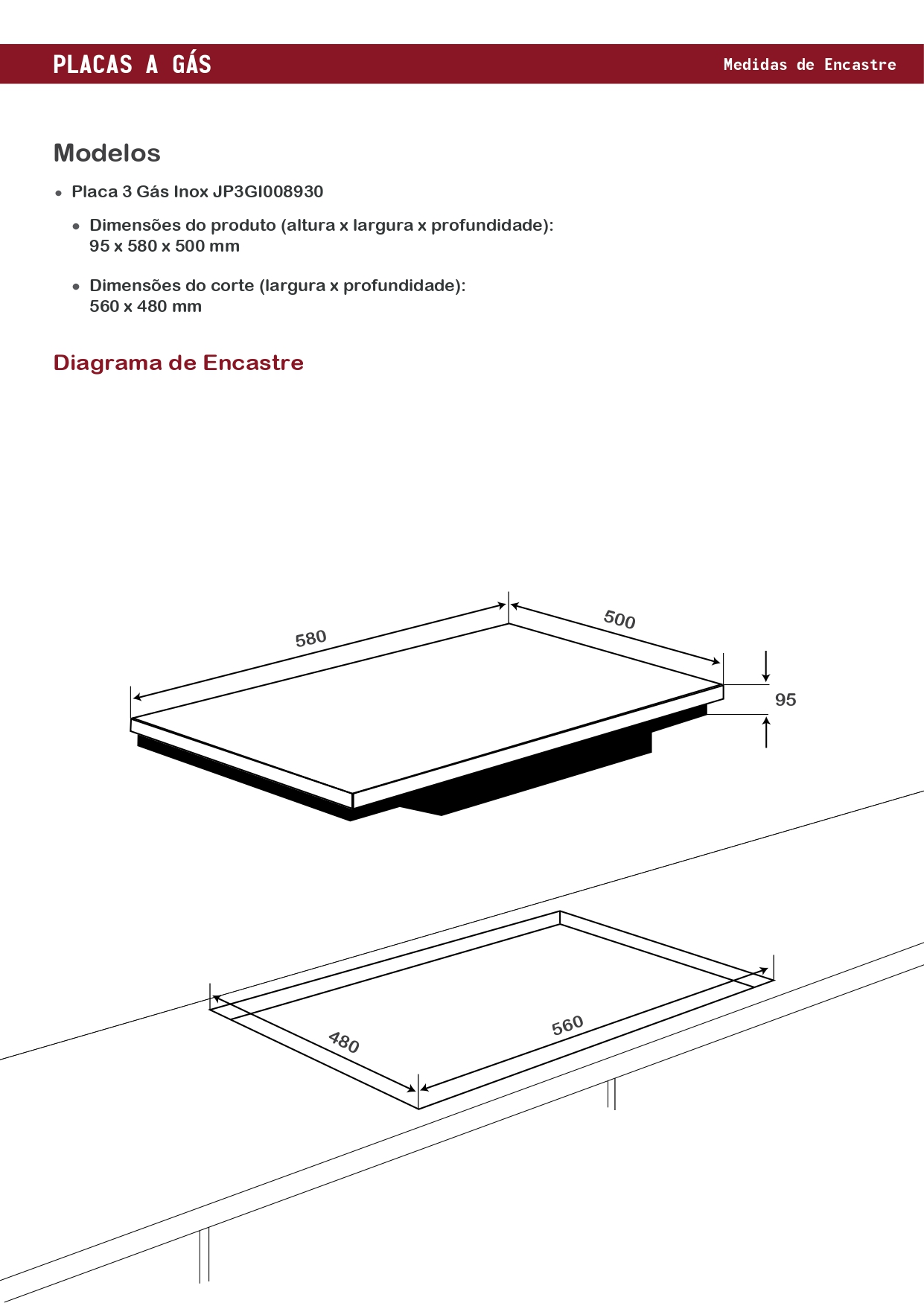 Diagrama de una placa de gas empotrada negra con dimensiones. Texto en portugués. Esquema en blanco y negro.