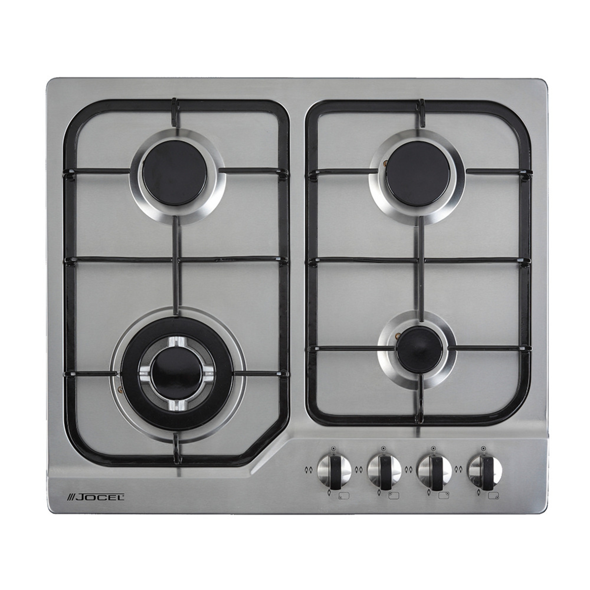 Cocina de gas plateada con cuatro quemadores y mandos, vista superior sobre superficie blanca.