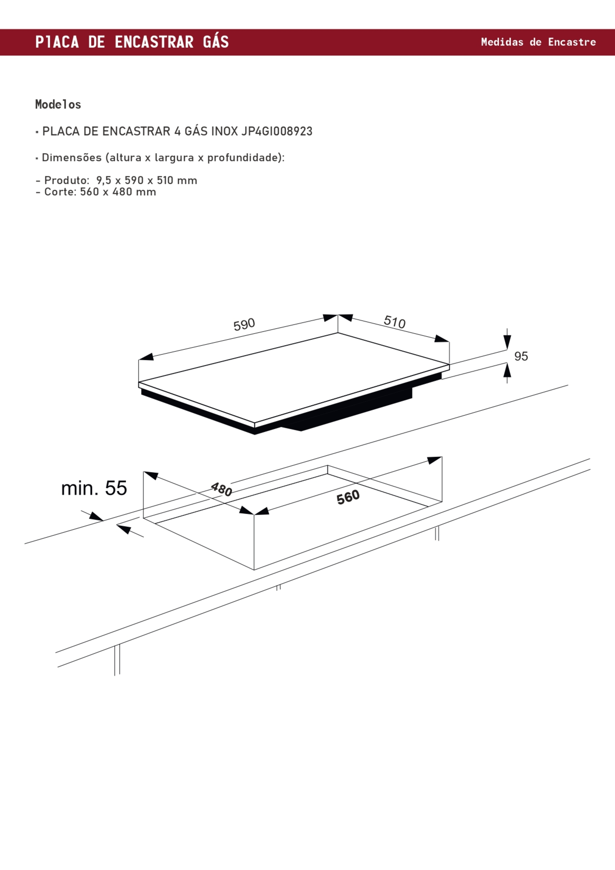 Diagrama de una placa de gas con dimensiones. El fondo es blanco, las líneas negras.