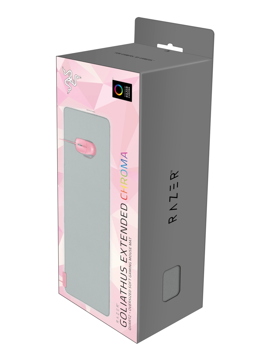 Pink Razer mousepad box, pink mouse on it. Gray box with Razer logo and product info.