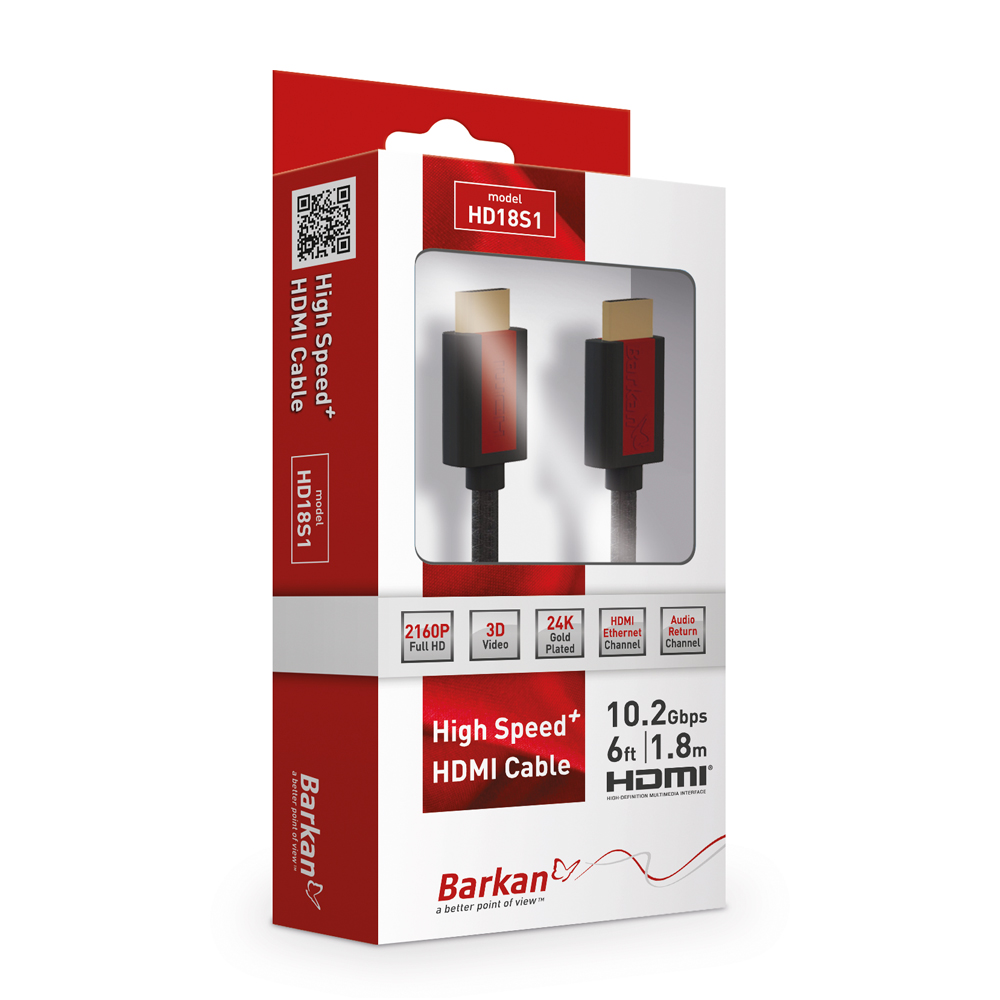 A white and red HDMI cable box, with the cable inside and details about the product.
