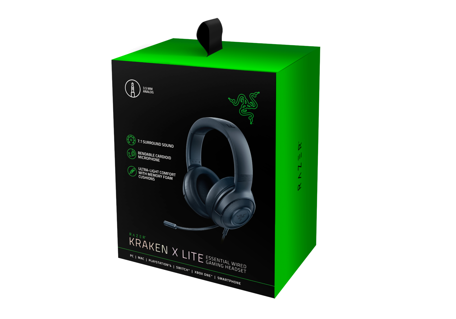 Czarne i zielone pudełko słuchawek Razer Kraken X Lite z detalami słuchawek.