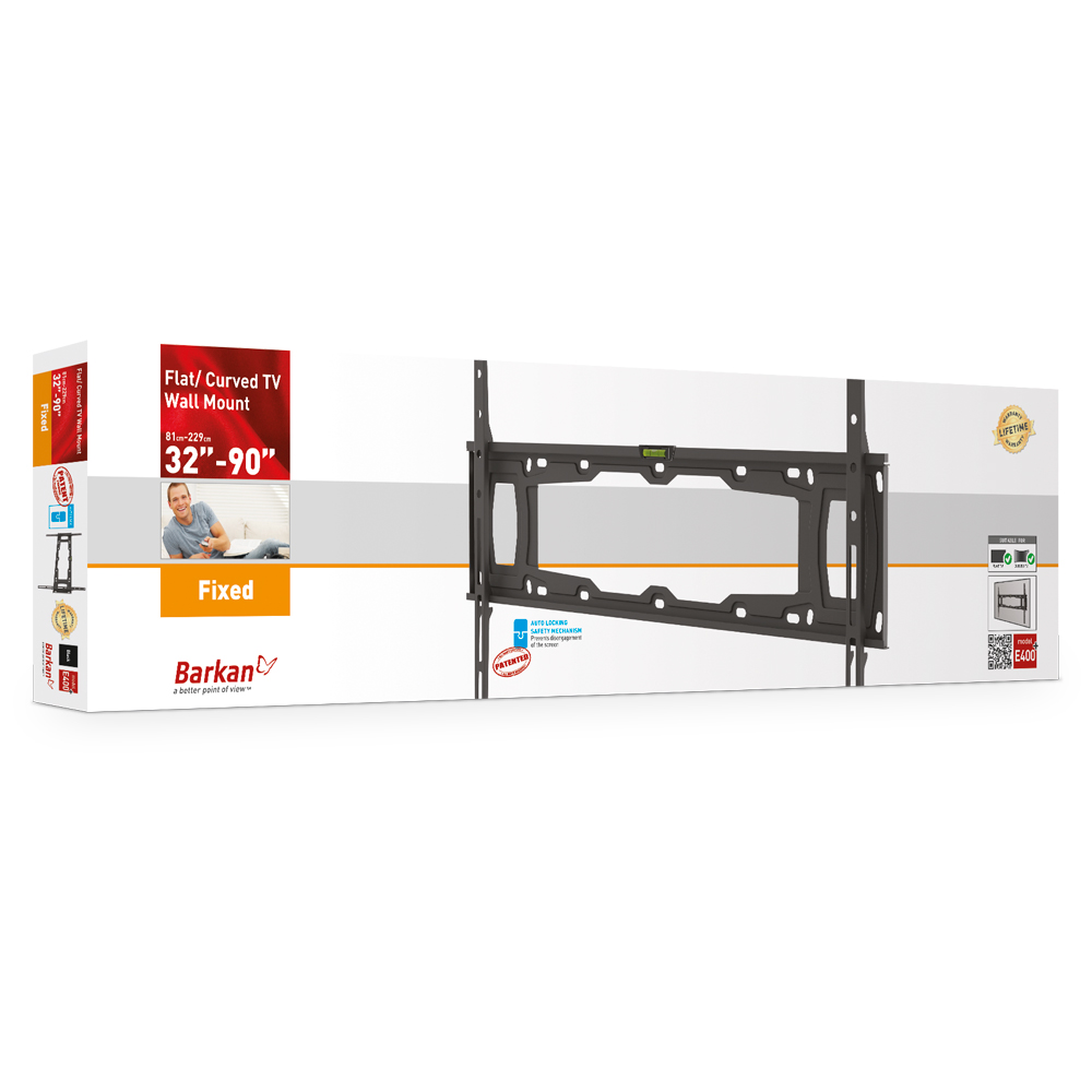 Verpakte tv-muurbeugel. De beugel is zwart en de doos bevat informatie.