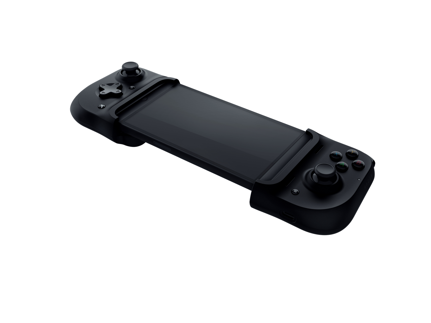 A black gaming controller for a tablet, with buttons, joysticks, and a central tablet area.