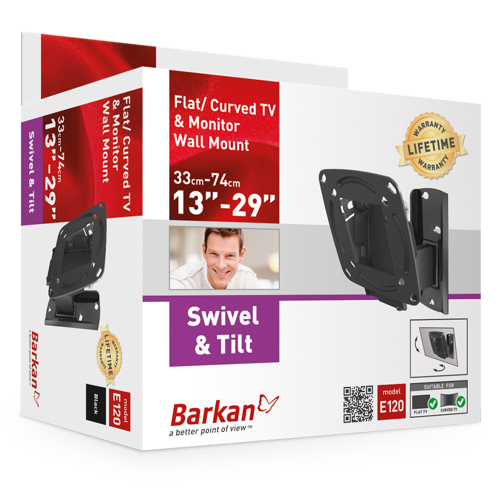 A box for a flat/curved TV wall mount with a man's photo and diagrams.