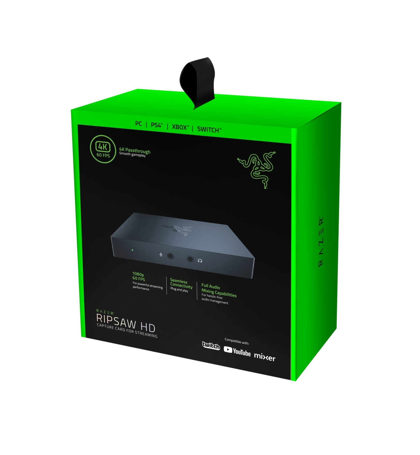 Caja verde con una tarjeta de captura Razer. Imagen y texto de tarjeta negra. Fondo blanco.