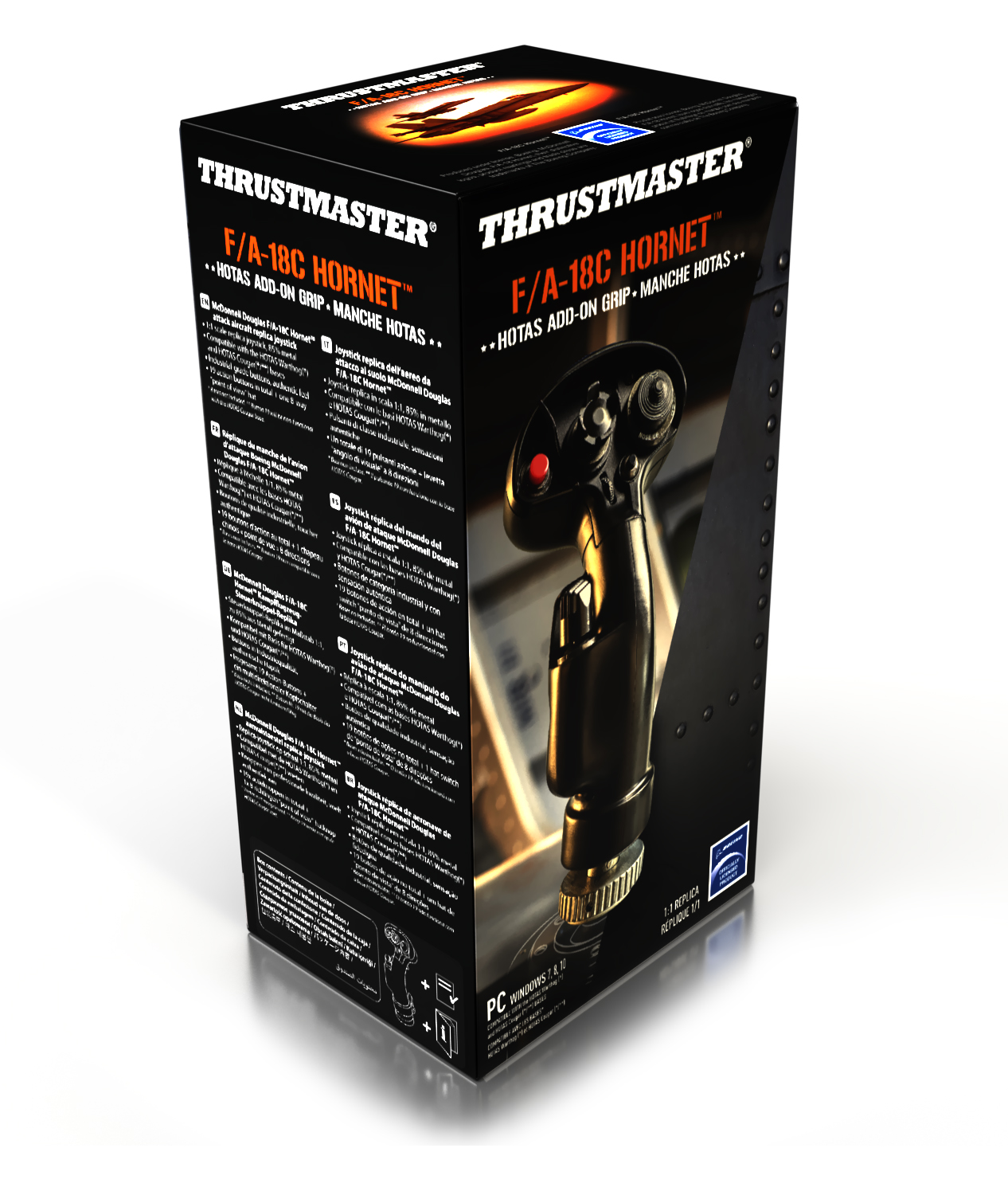 Czarne pudełko z joystickiem Thrustmaster F/A-18C Hornet. Tekst i obraz na nim. Białe tło.