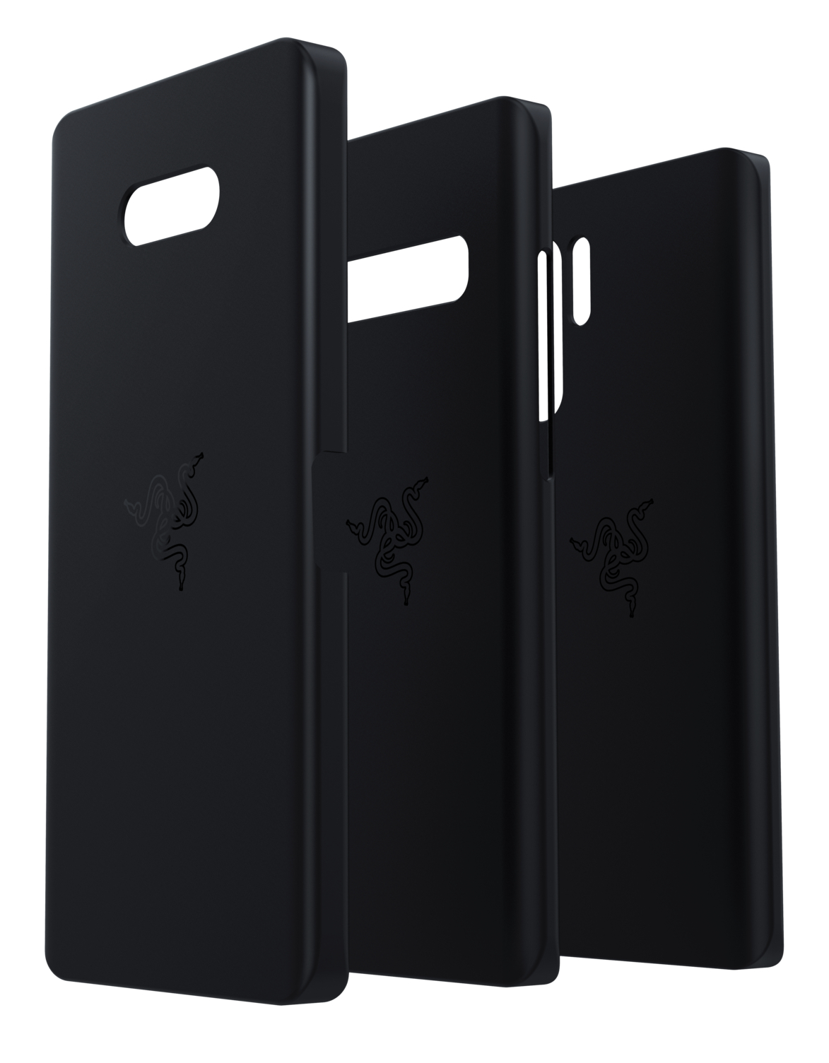 Schwarze Handyhüllen, drei in einer Reihe, vor weißem Hintergrund. Razer-Logo sichtbar.