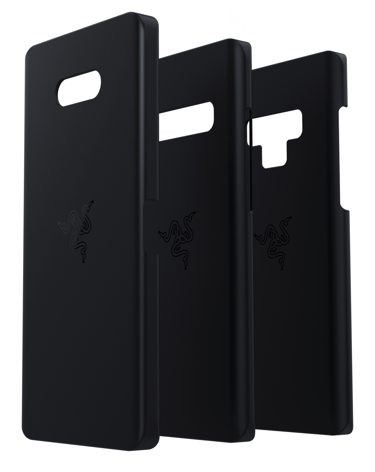 Drei schwarze Handyhüllen mit Razer-Logo. Die Hüllen sind schräg angeordnet.