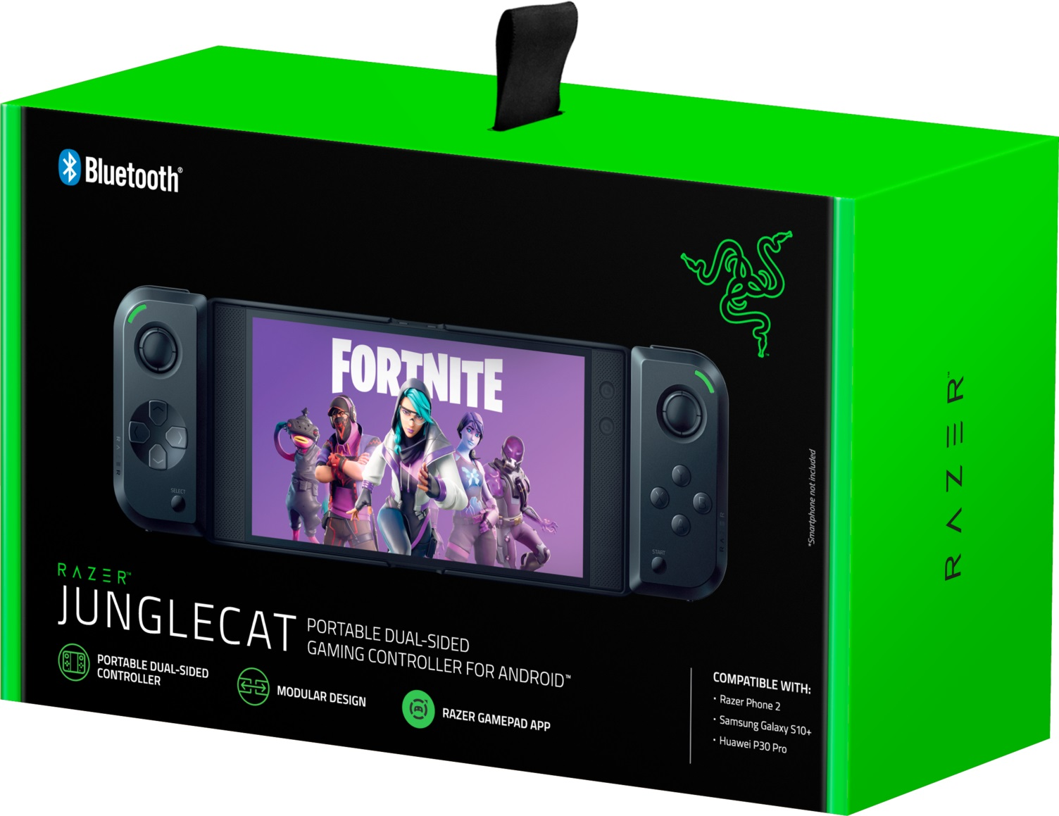 Green Razer box with a controller inside. A game on the screen. Black handle. White background.