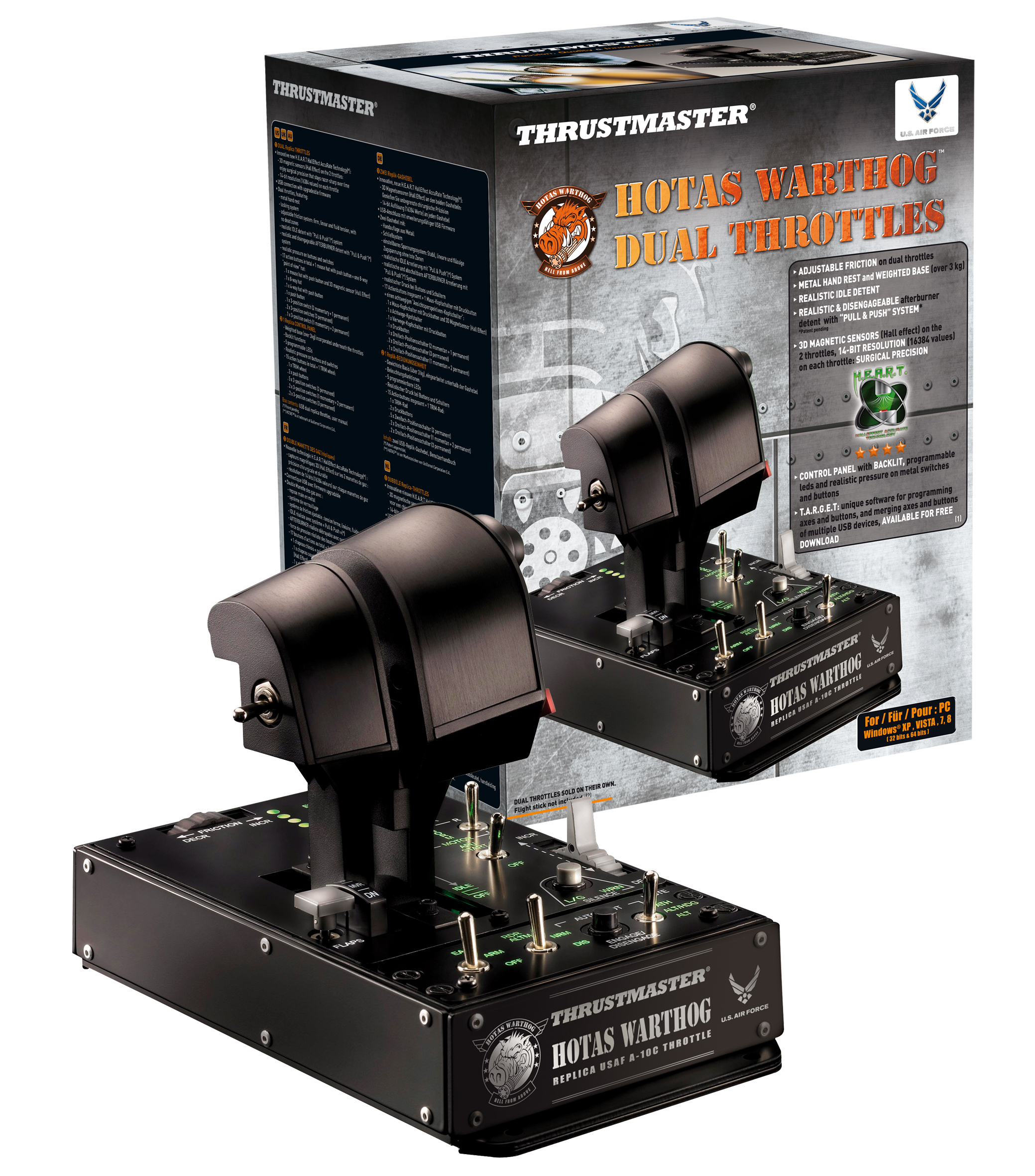 Thrustmaster HOTAS Warthog. Manche et manette des gaz avec emballage. Noir et gris.