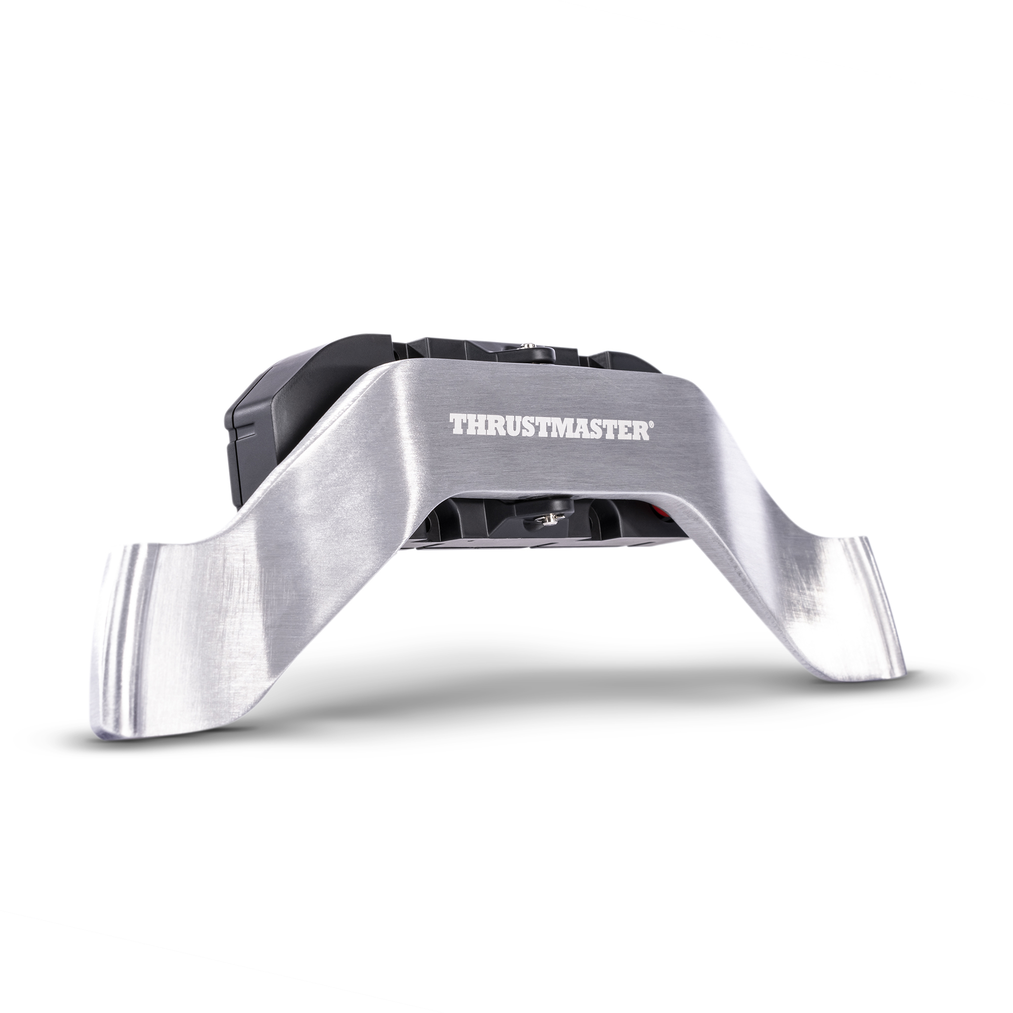 Silberner Thrustmaster Joystick-Controller mit schwarzem Sockel, von oben auf weißem Hintergrund betrachtet.
