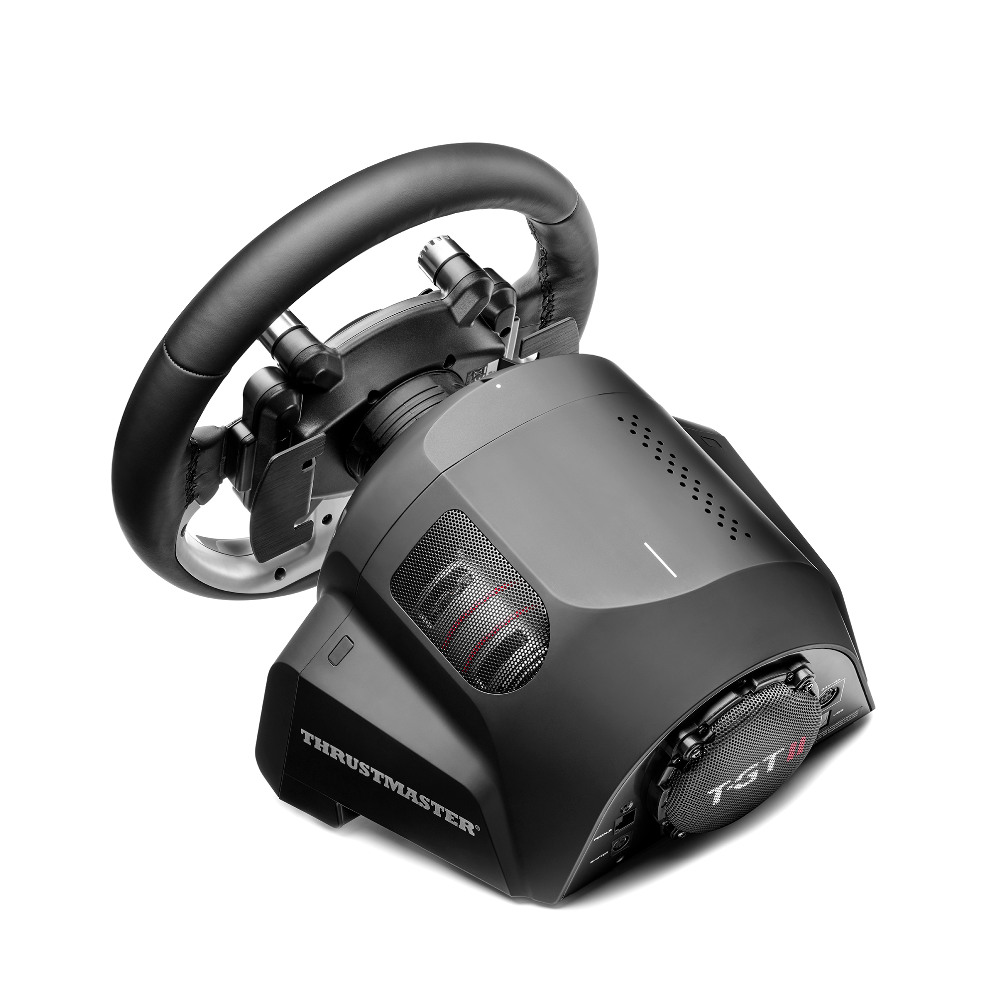Rennlenkrad und Basis, Marke Thrustmaster, isoliert.
