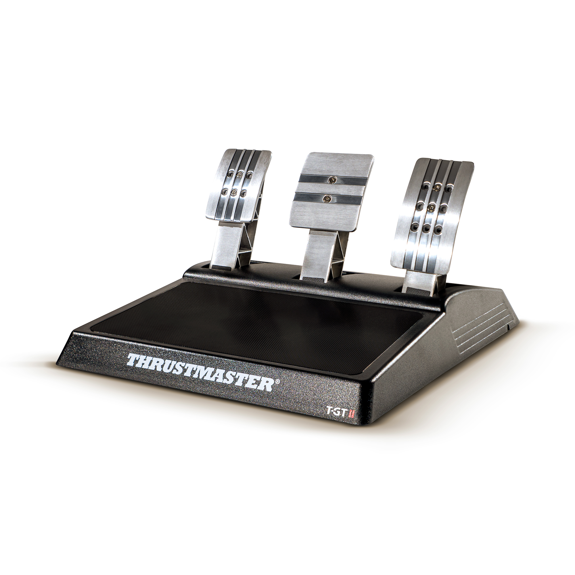Schwarze Rennpedale mit silbernen Flächen, Thrustmaster-Logo.
