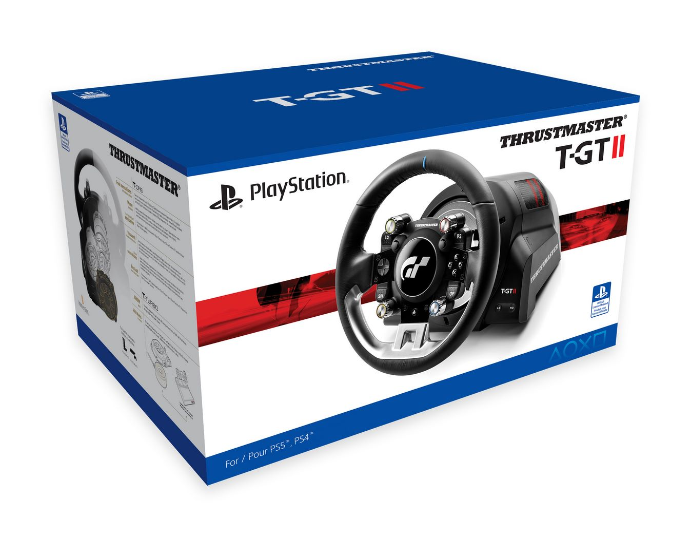 Ein Thrustmaster T-GT II Rennlenkrad-Set in seiner blau-weißen Box, schräge Ansicht.