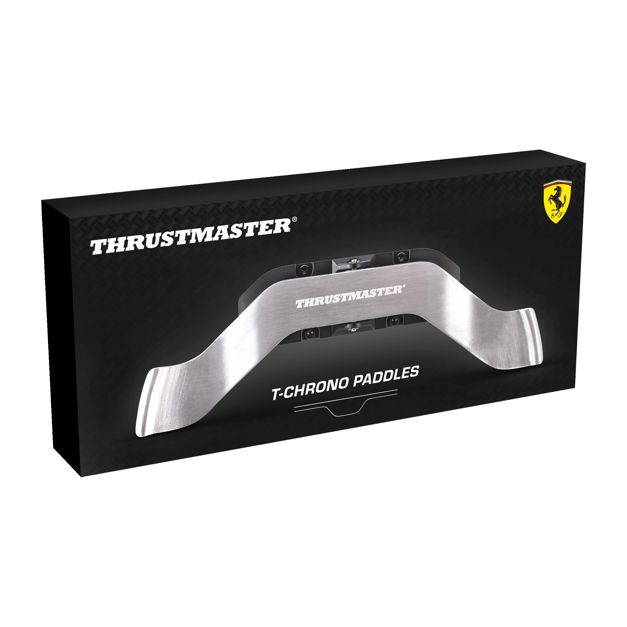 Schwarze Box mit Thrustmaster-Logo. Ein silbernes T-Chrono-Paddle befindet sich in der Mitte der Box.