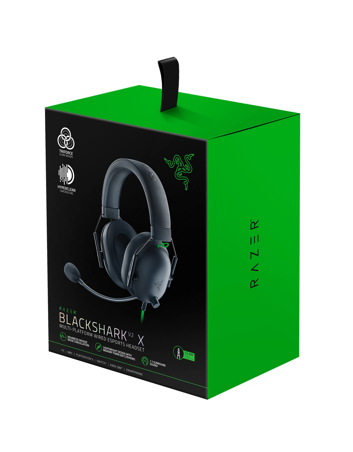 İçinde kulaklık bulunan yeşil bir Razer Blackshark V2 X kutusu. Beyaz zemin.
