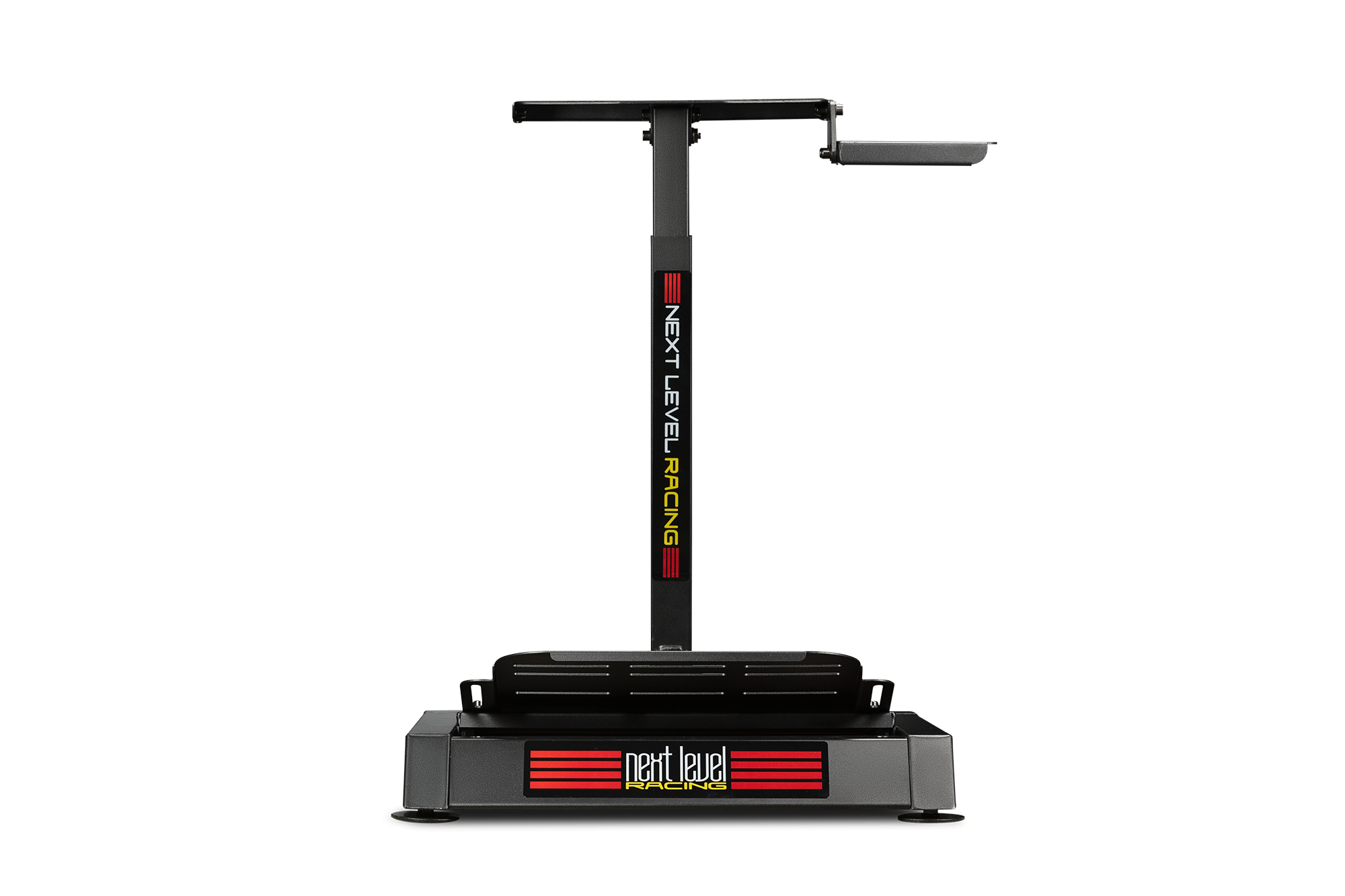 Schwarzer Rennsimulator-Ständer mit rotem und gelbem Next Level Racing Logo.