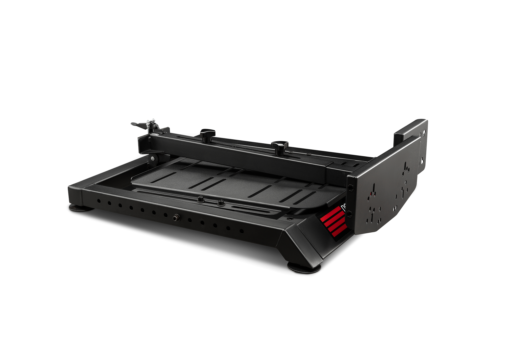 Ein schwarzer Metallständer für ein Gaming-Setup oder einen Schreibtisch, schräge Ansicht.