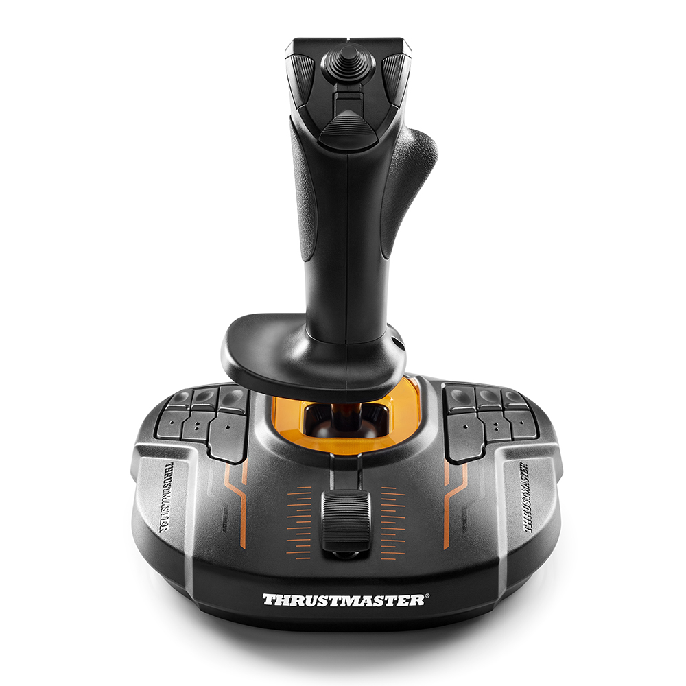 Czarny joystick do symulacji lotu, z pomarańczowym akcentem. Białe tło. Napis Thrustmaster.