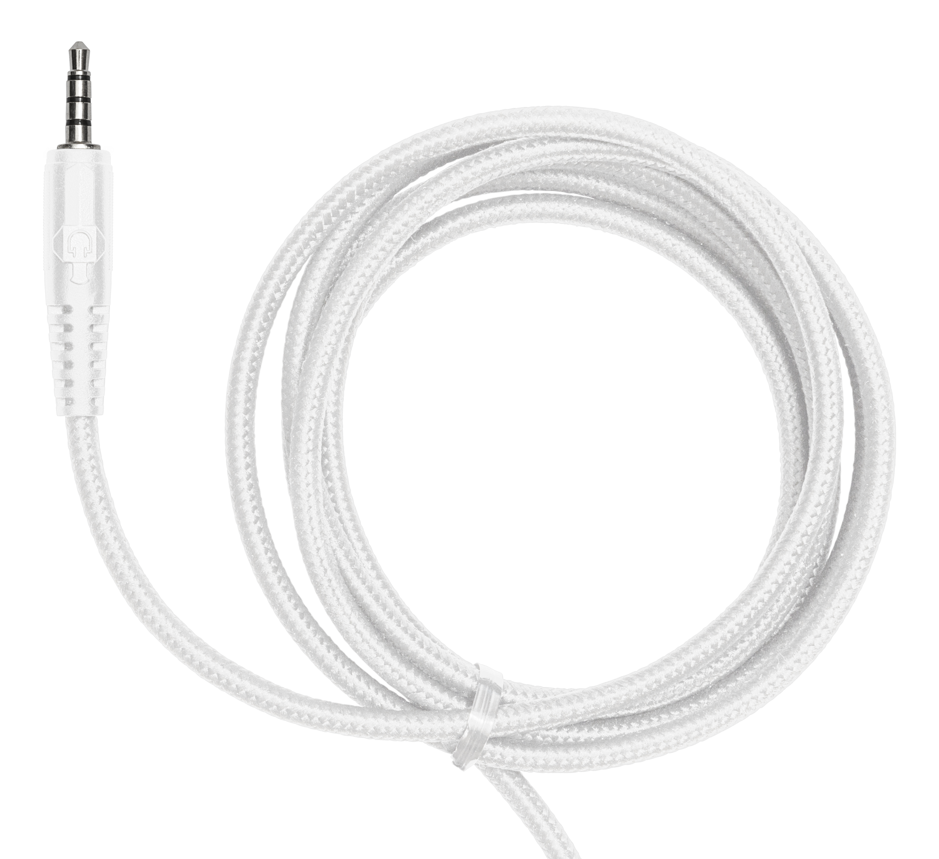 White headphone cable. The cable is braided and has a 3.5mm jack at one end.