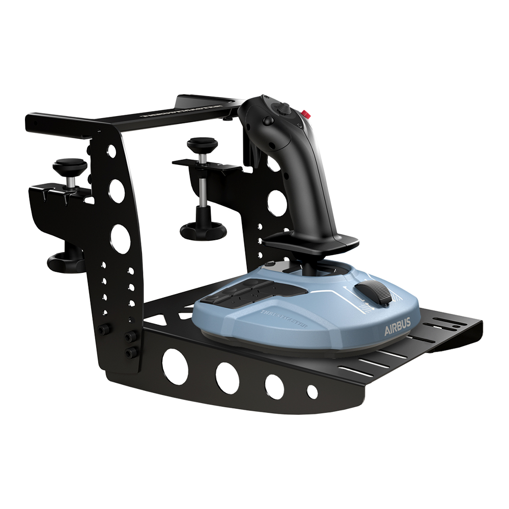 Système de contrôle de jeu noir. Joystick Airbus monté sur un cadre noir.