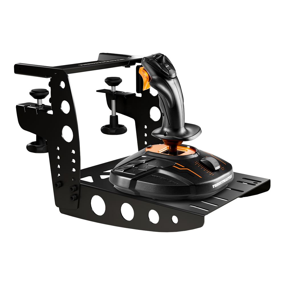 Joystick et manette des gaz. Il est noir et orange. Fond blanc.