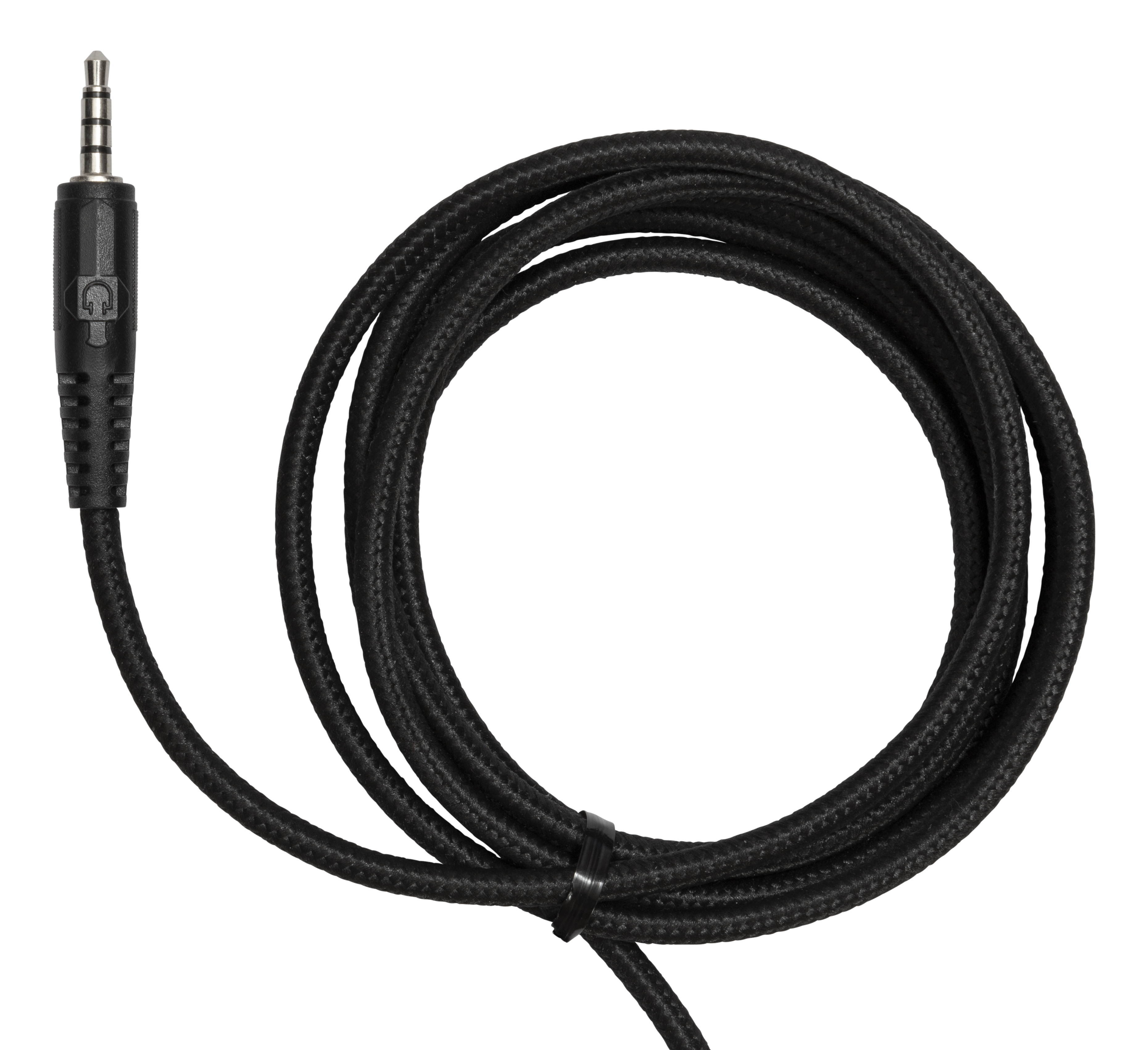 Cavo audio nero con jack da 3,5 mm. Il cavo è arrotolato.