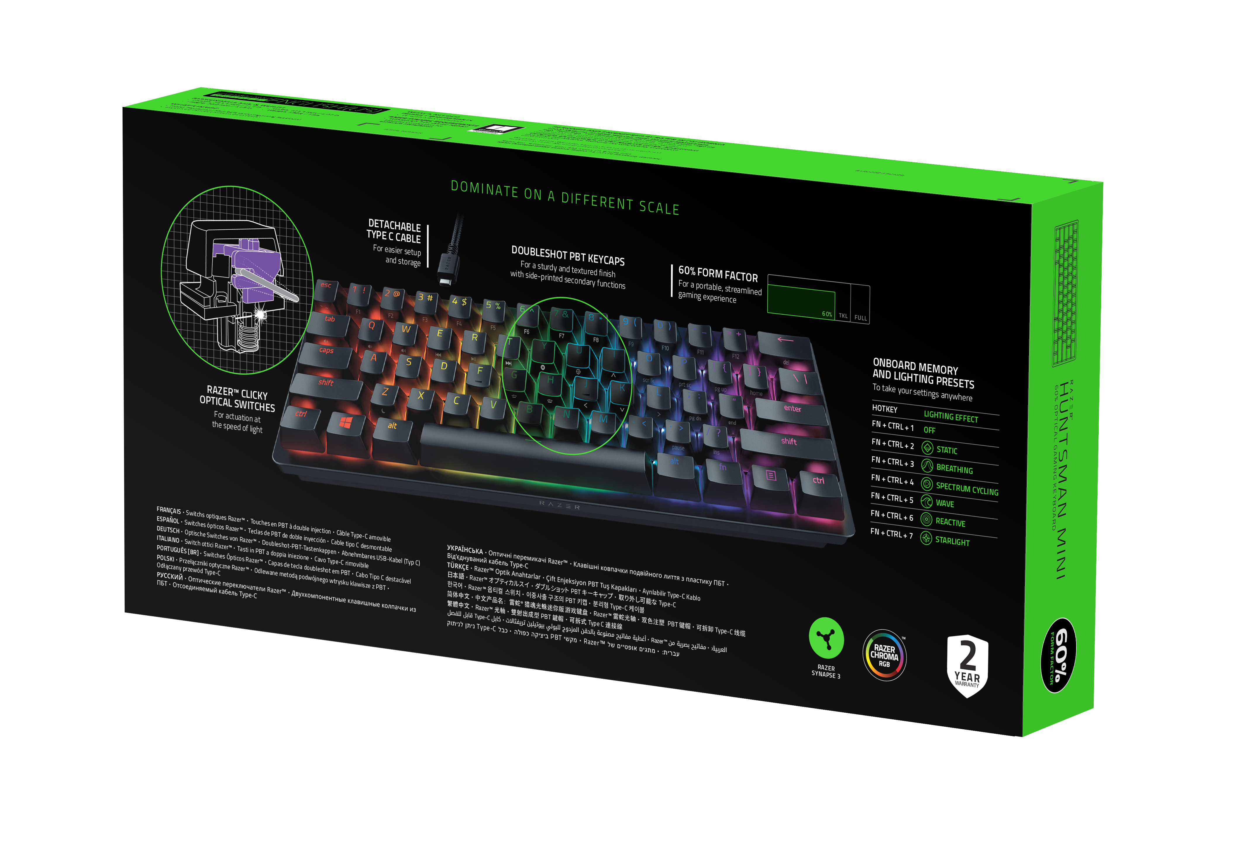 Tył pudełka na klawiaturę Razer Huntsman Mini. Ma 60% współczynnik kształtu i odłączany kabel.