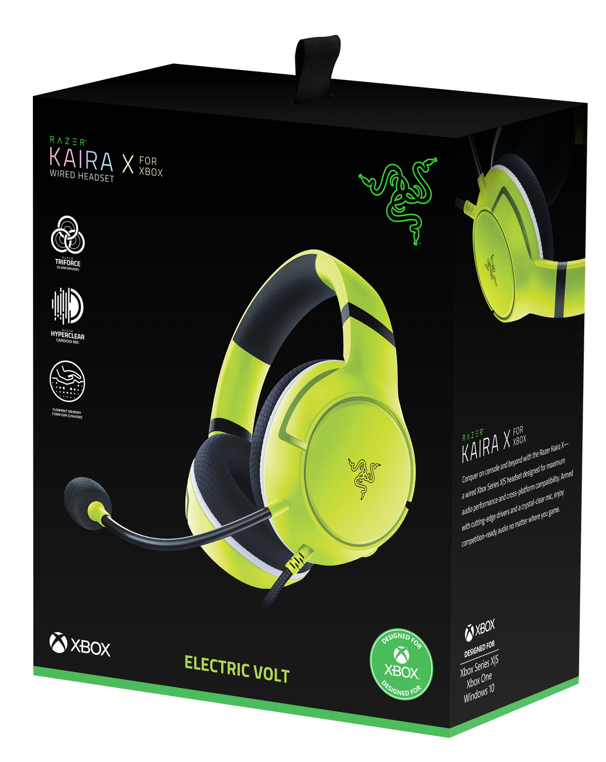 Razer Gaming-Headset-Box. Schwarze Box mit neongrünen Akzenten. Text ist sichtbar. Weißer Hintergrund.