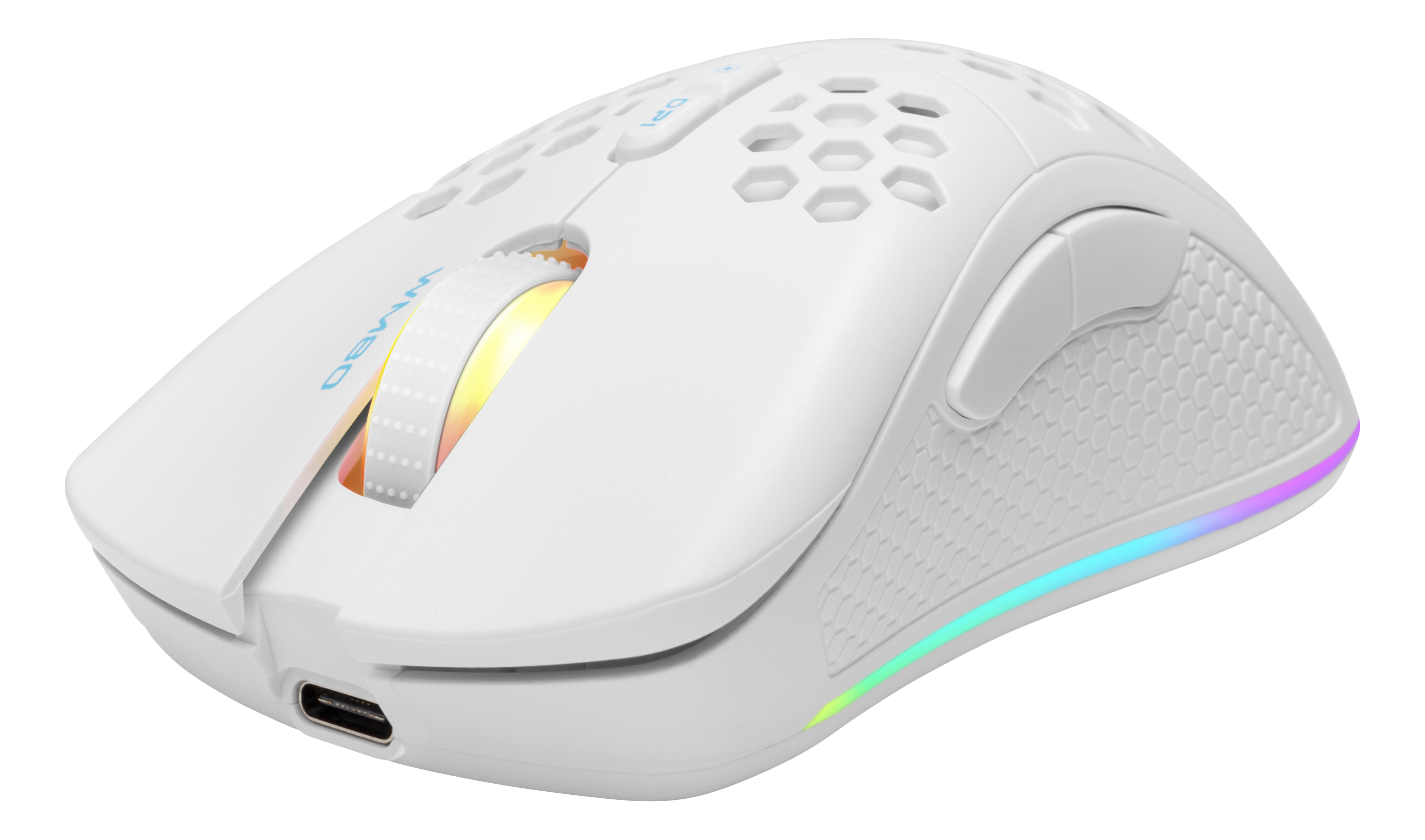 Witte gamingmuis met honingraatdesign, knoppen en scrollwiel, met RGB-verlichting.
