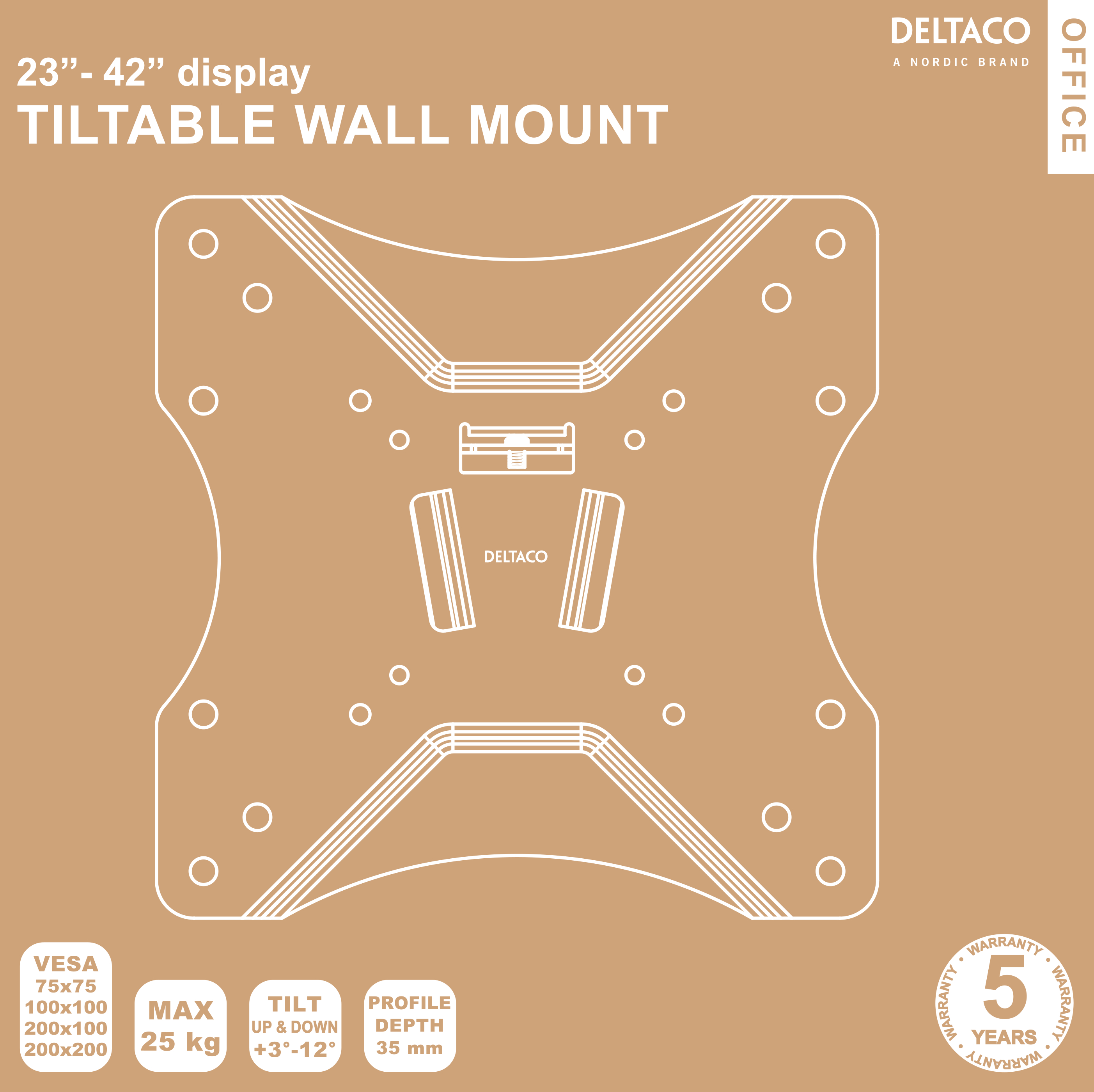 A white wall mount diagram with text: 23"-42" display, VESA, MAX 25 kg, TILT +3°-12°, PROFILE DEPTH 35 mm.