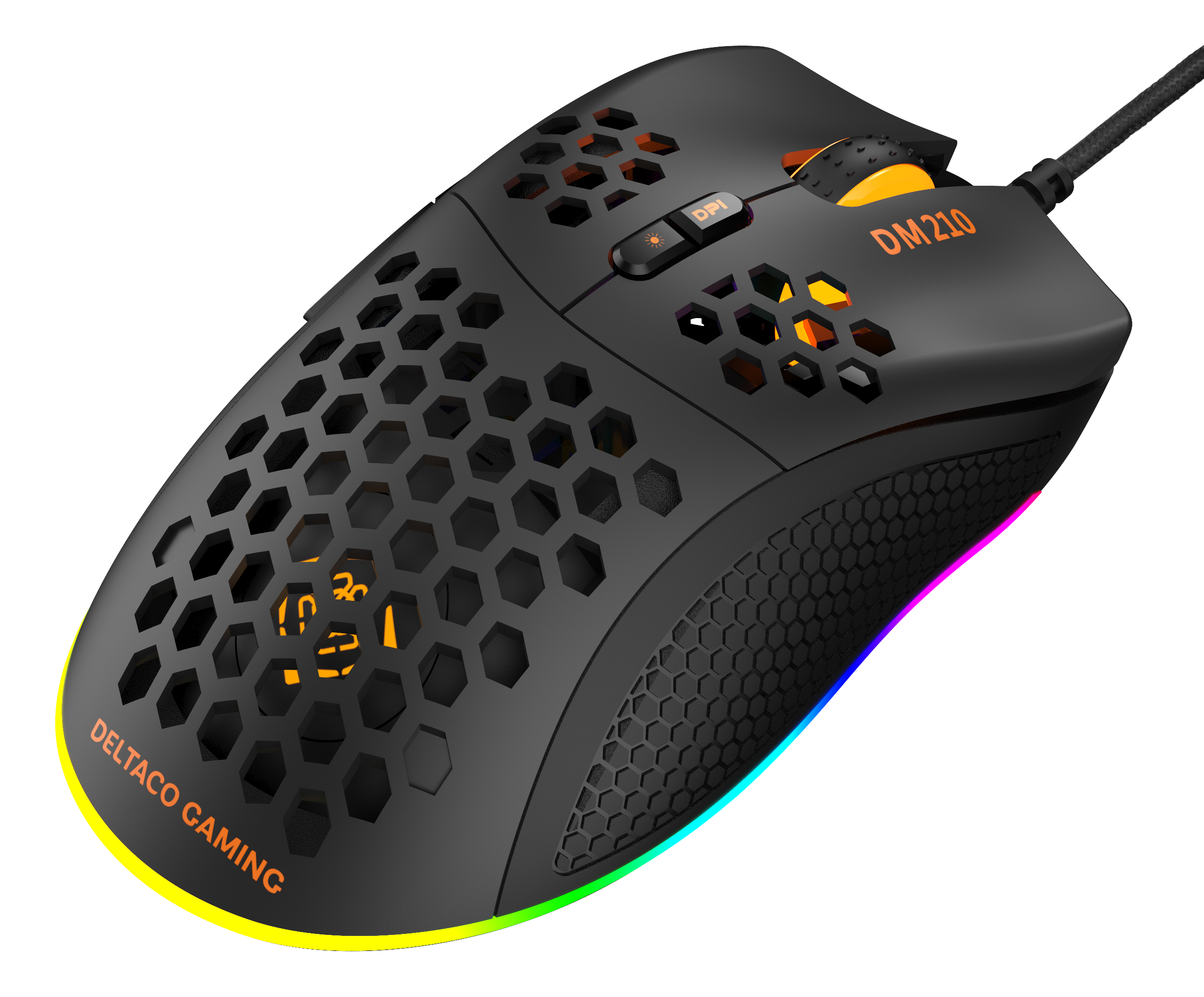 Een zwarte gamingmuis met een honingraatontwerp en kleurrijke LED-verlichting.