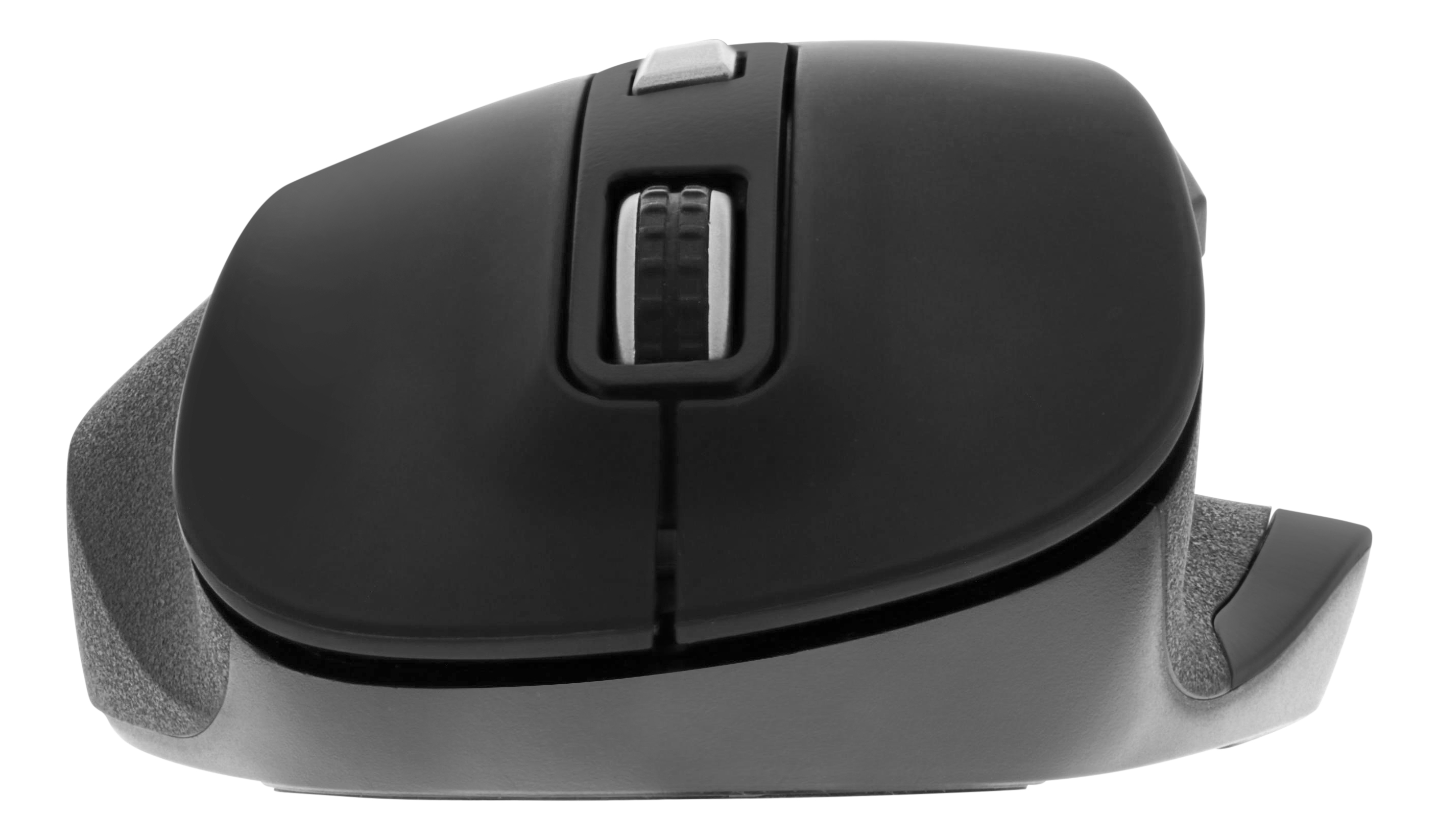 Zwarte en grijze ergonomische muis met een scrollwiel.