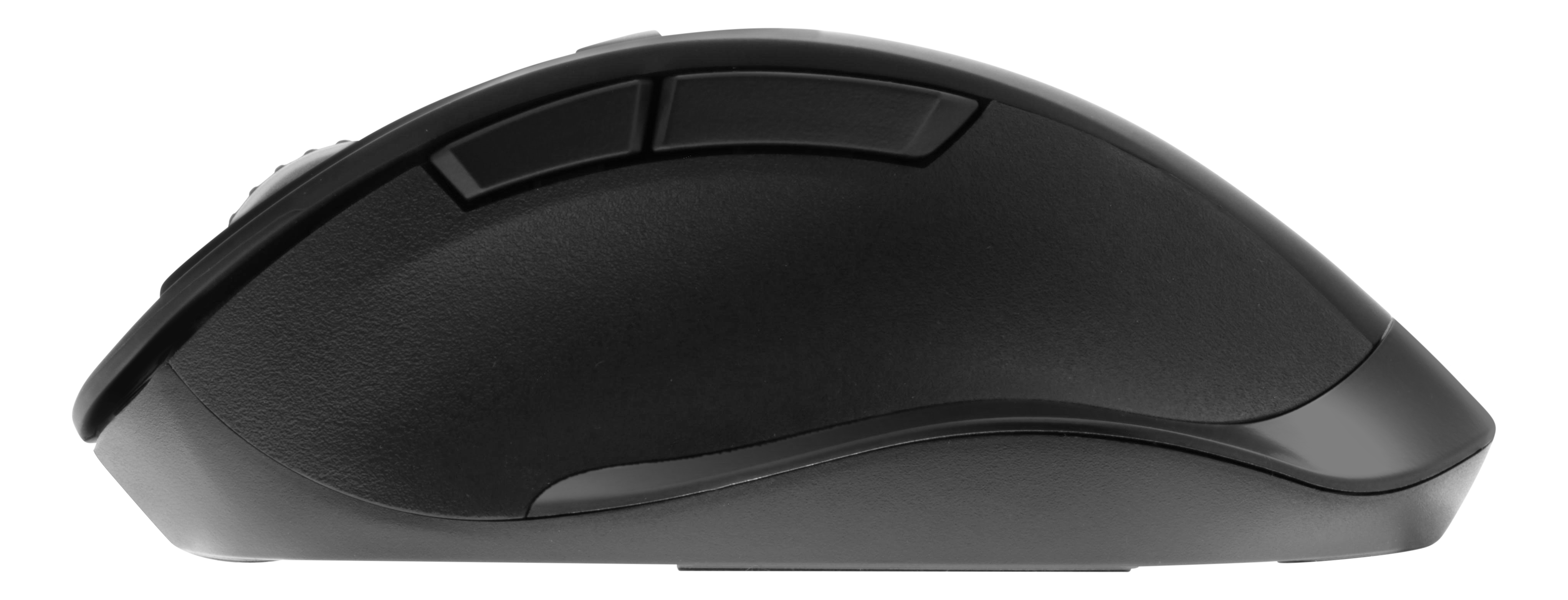 Zwarte computermuis met twee knoppen, een scrollwiel en een gebogen ontwerp.