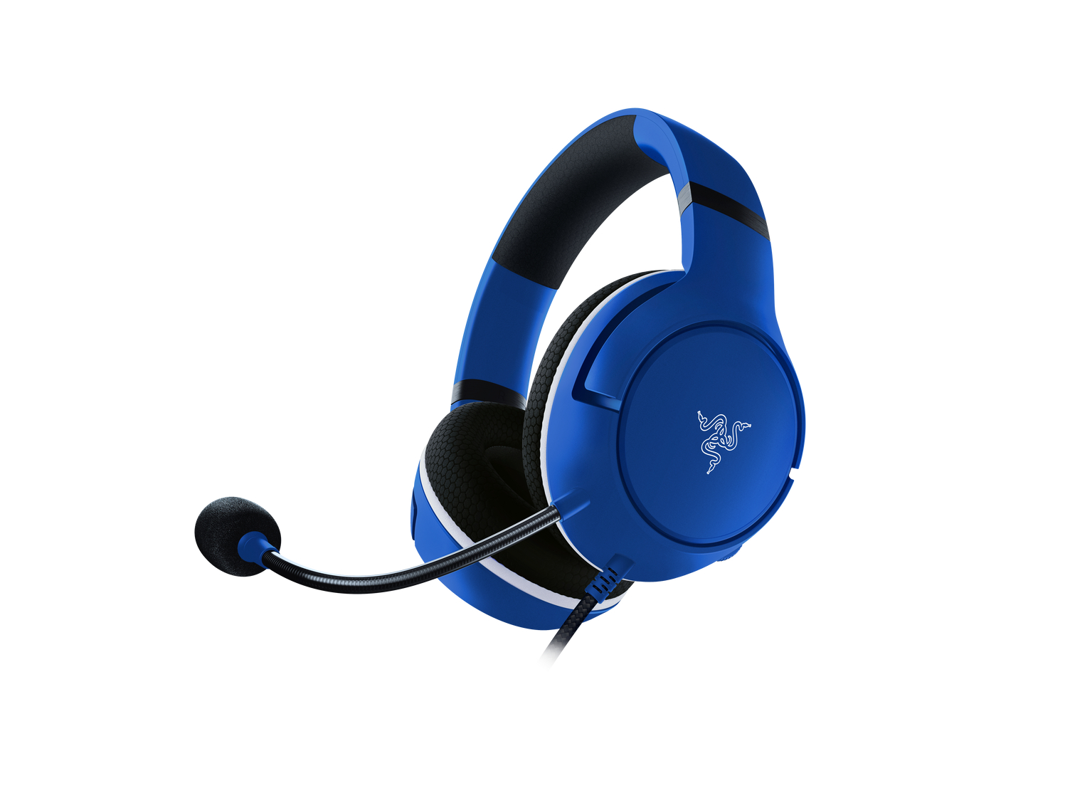 Blaue und schwarze Gaming-Kopfhörer mit Mikrofon. Razer-Logo auf der Ohrmuschel.