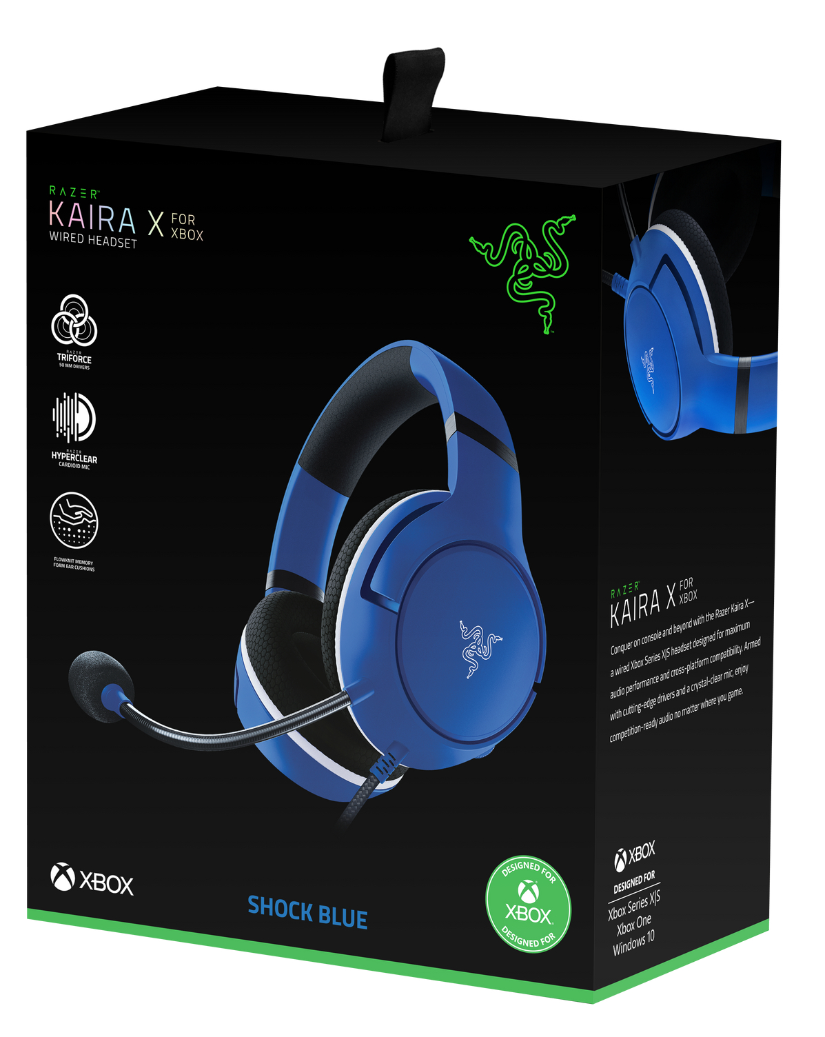Razer Kaira X Gaming-Headset-Box, blaue Headset-Grafik, Schwarz-Blau-Farbschema.