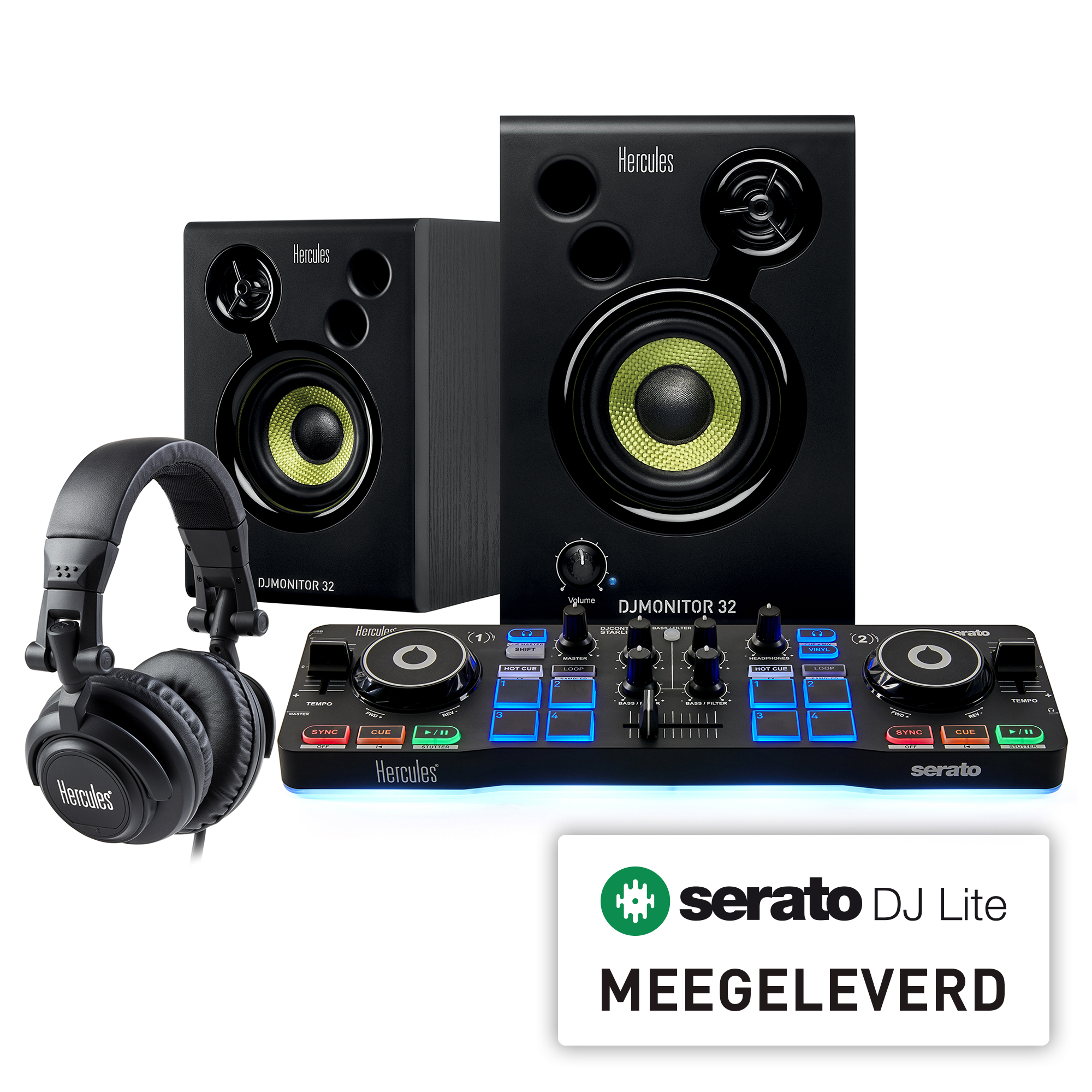 DJ-opstelling met speakers, koptelefoon en controller; alles zwart. Witte achtergrond.