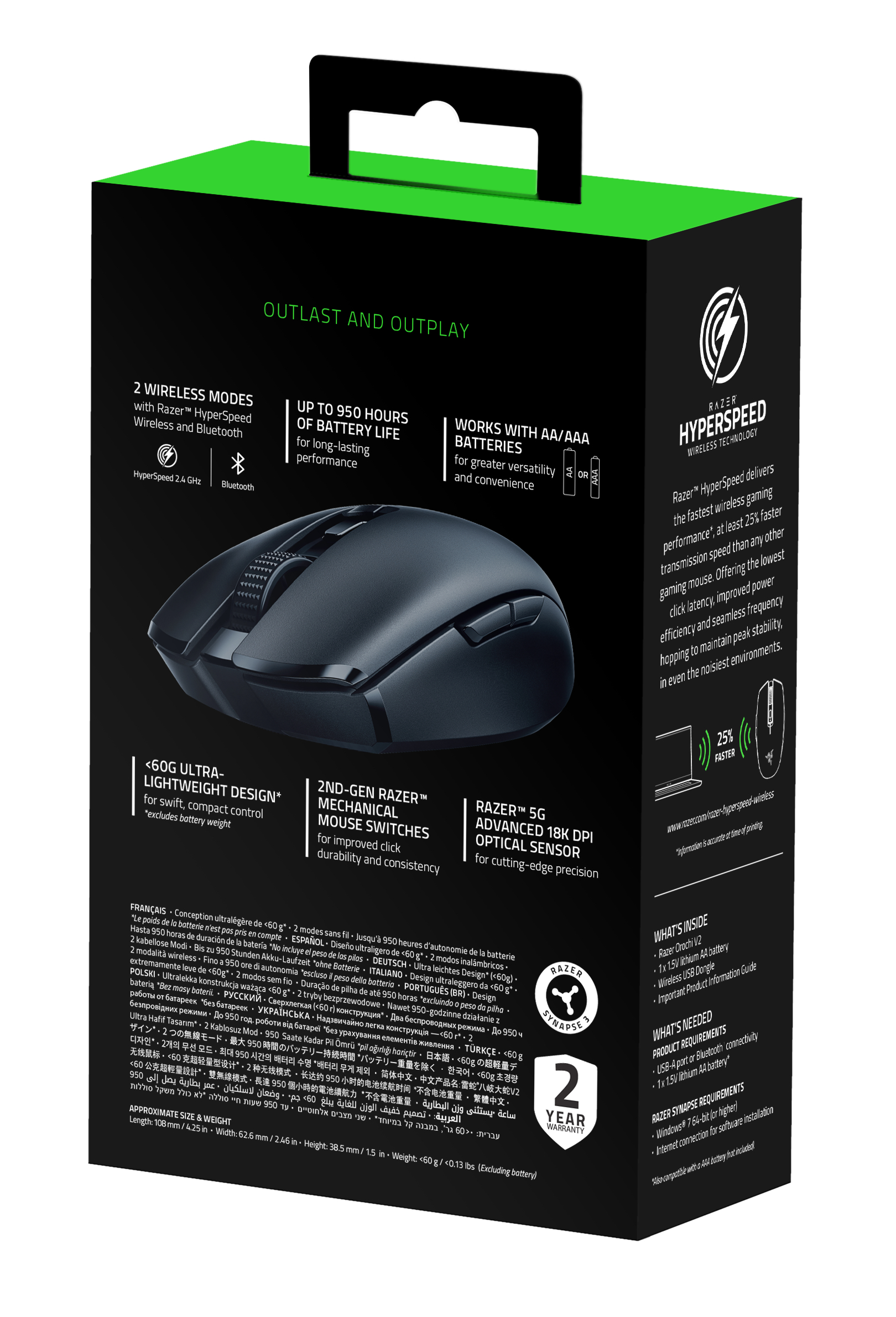 Black Razer gaming mouse box, with features and information displayed on it.