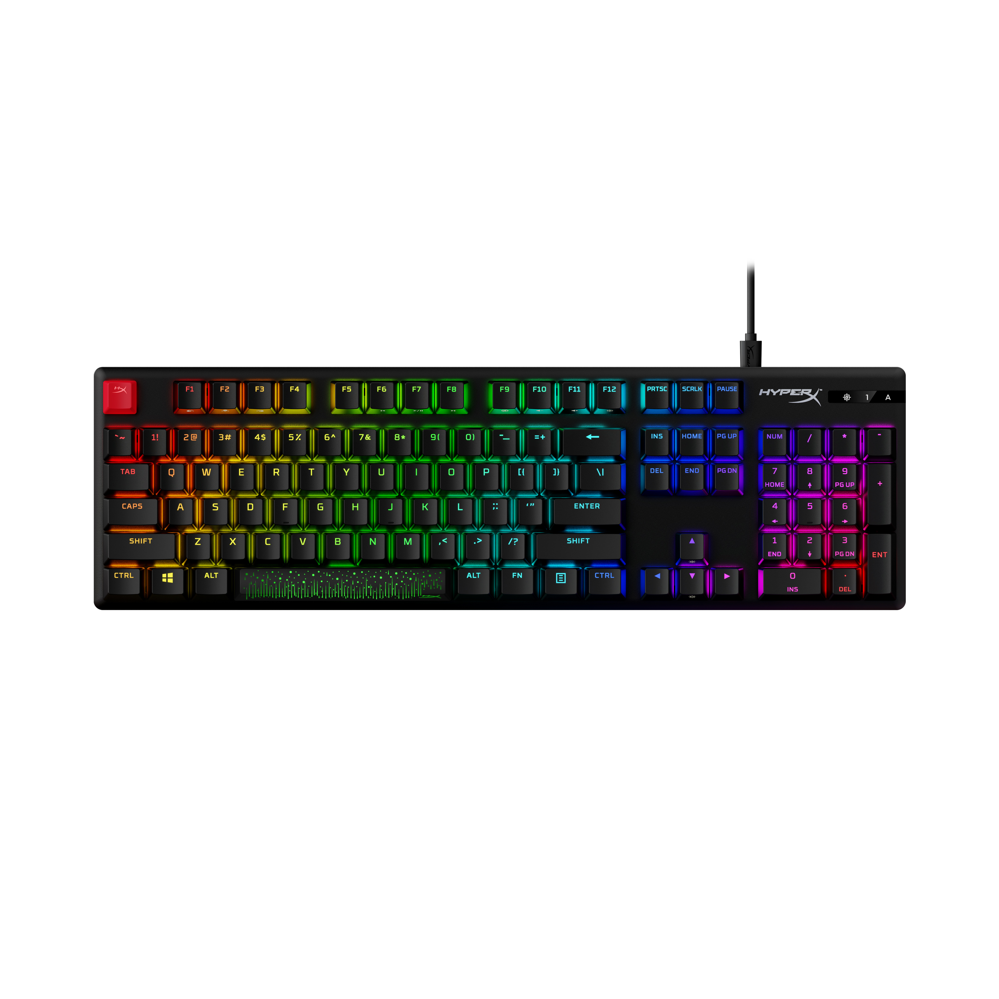 Una tastiera nera con retroilluminazione arcobaleno e tasto Esc rosso, sfondo bianco.