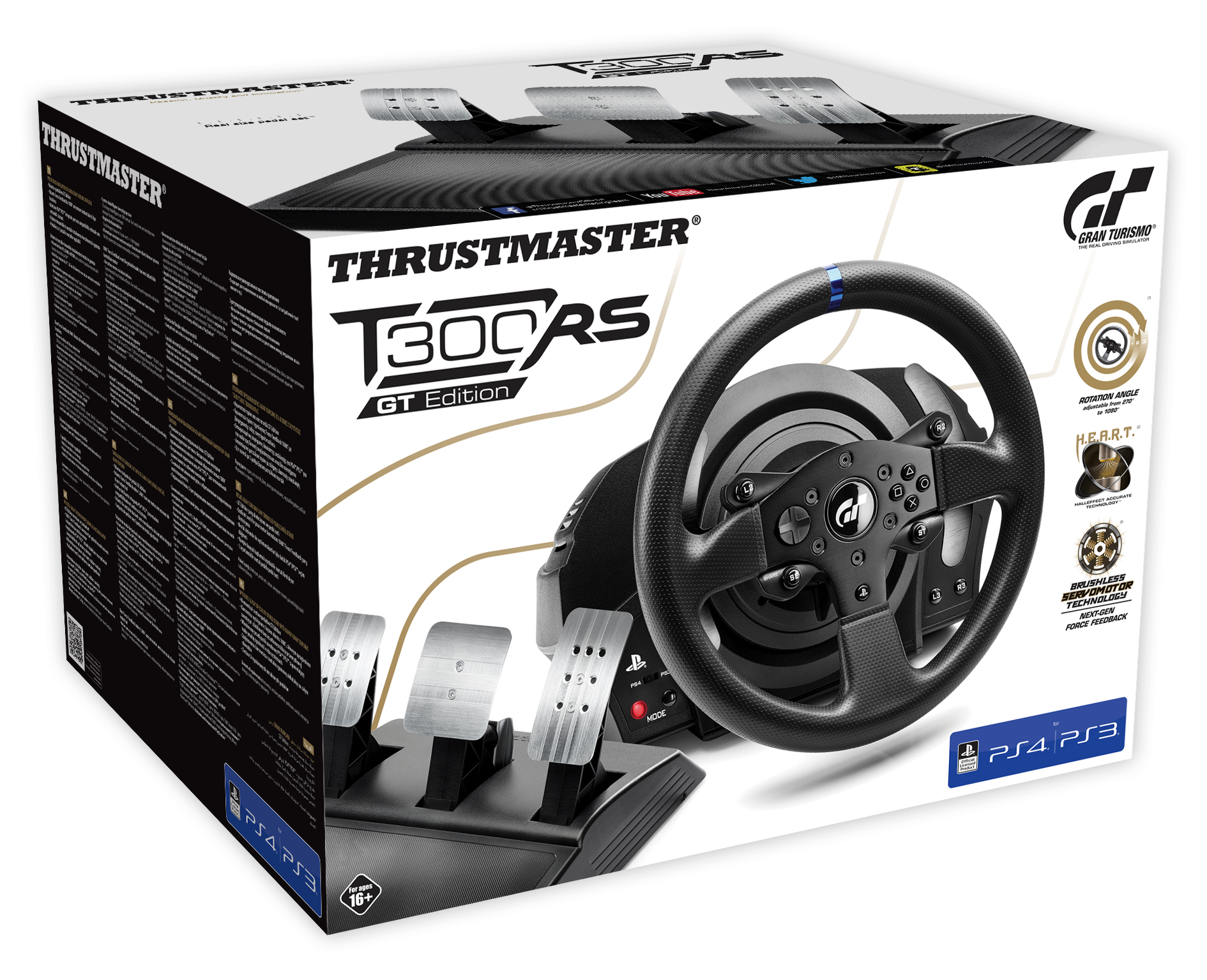 Thrustmaster yarış direksiyonu ve pedalları içeren kutu. Kutu metin ve grafiklere sahip.