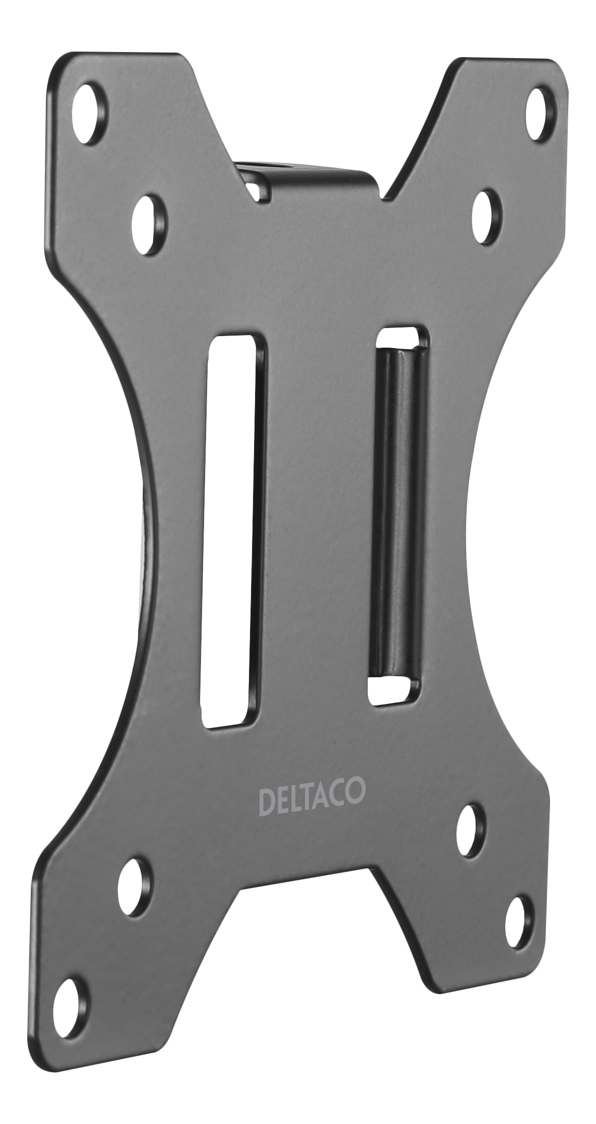 Eine graue Metallhalterung mit Löchern. Das Wort DELTACO ist auf der Halterung aufgedruckt.