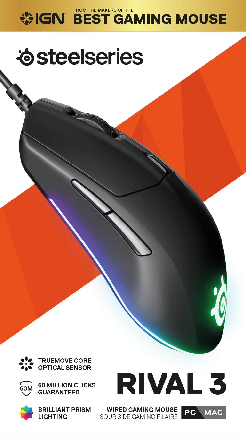 A black gaming mouse with color changing lights. It is placed on a white and orange background.
