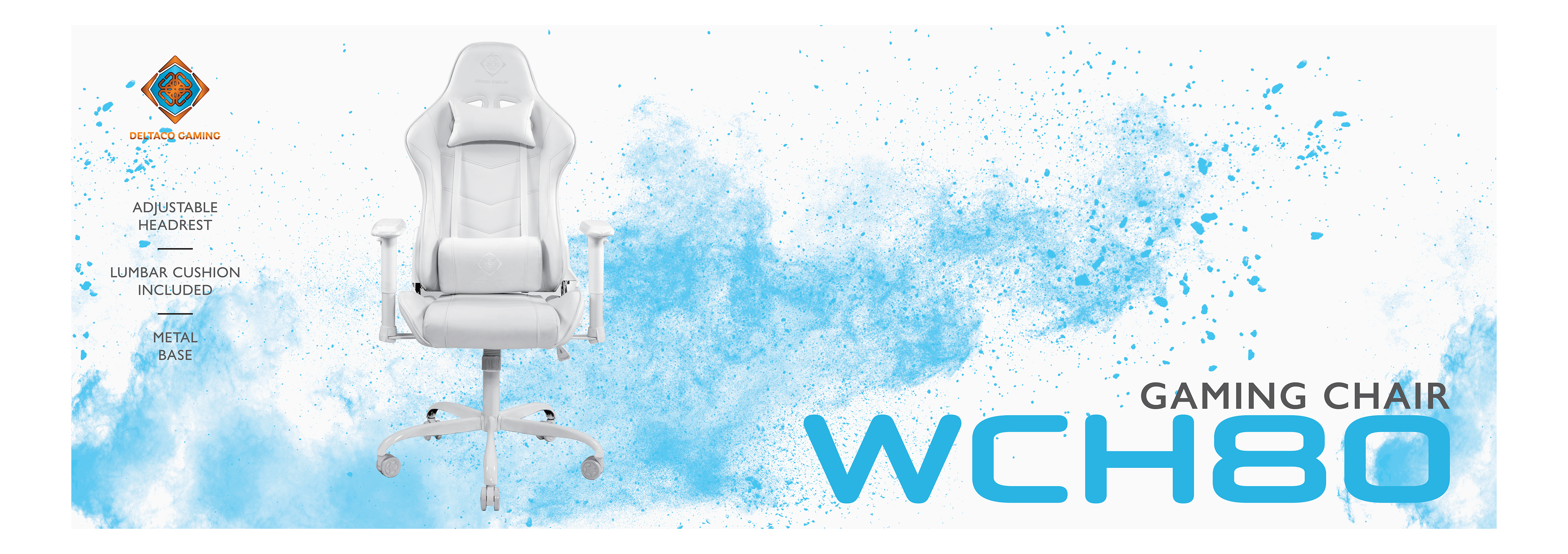 Weißer Gaming-Stuhl mit blauem Hintergrund und Text.