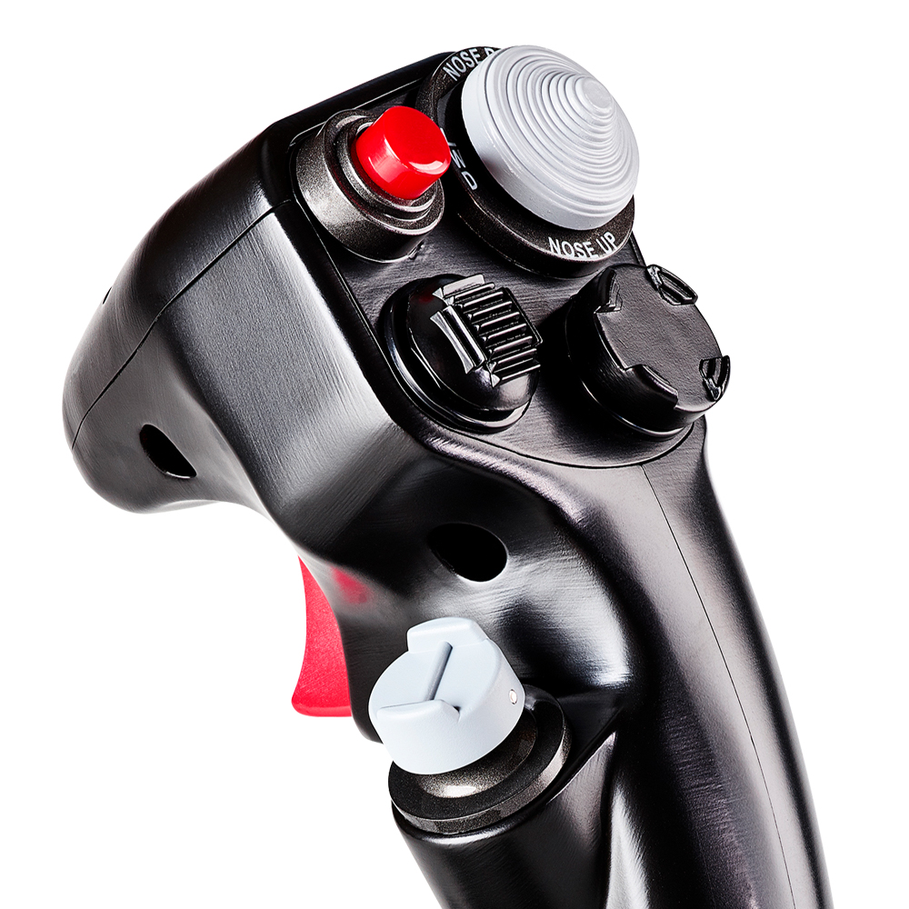 Close-up of a black joystick. Several buttons and a red trigger are visible.