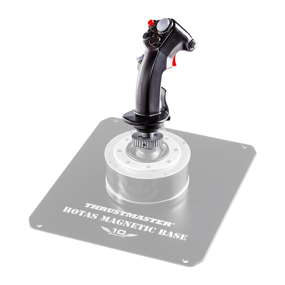 Black joystick mounted on a gray base with markings, on a white background.