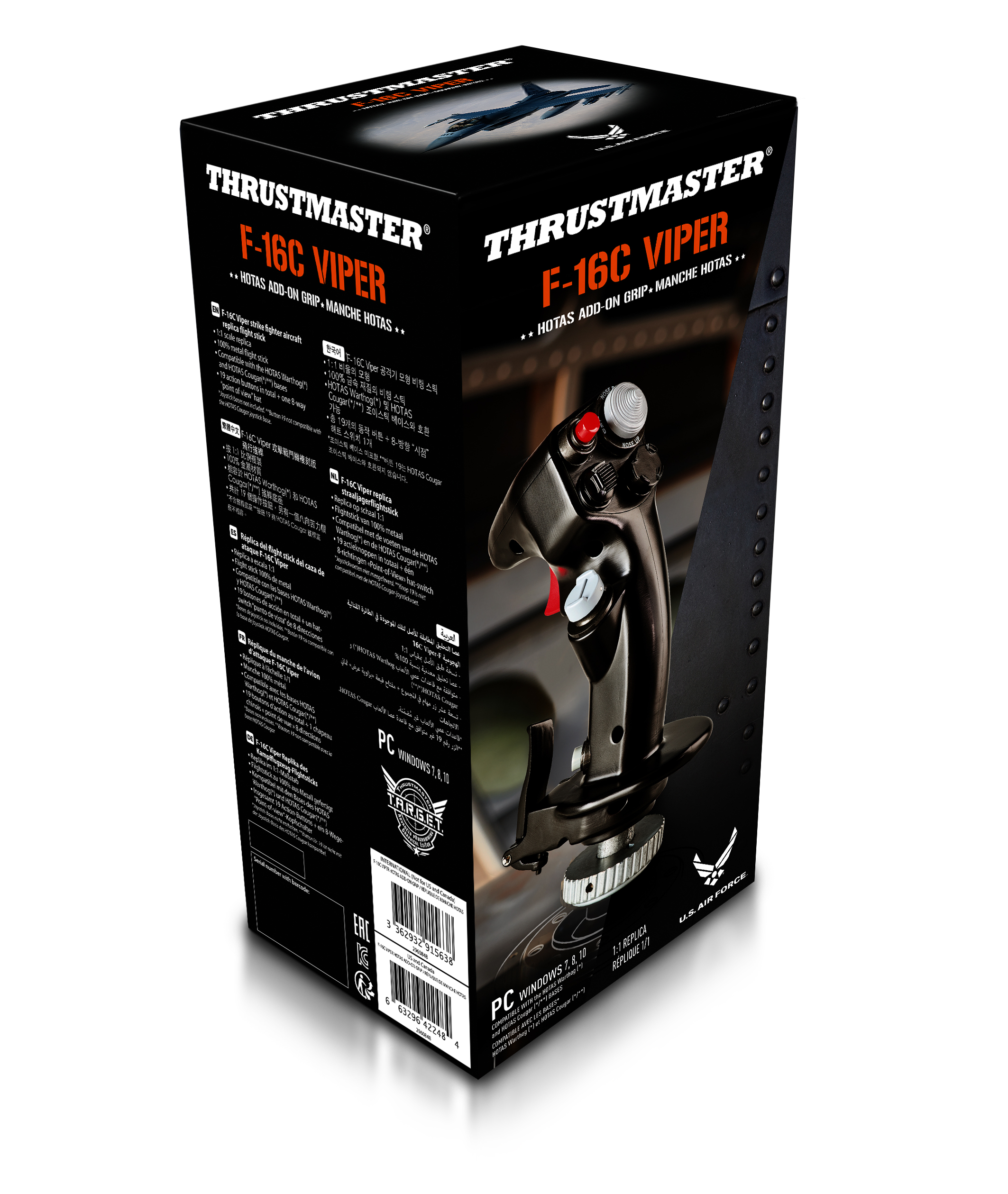 F-16C Viper HOTAS flight stick in box with graphics and text.